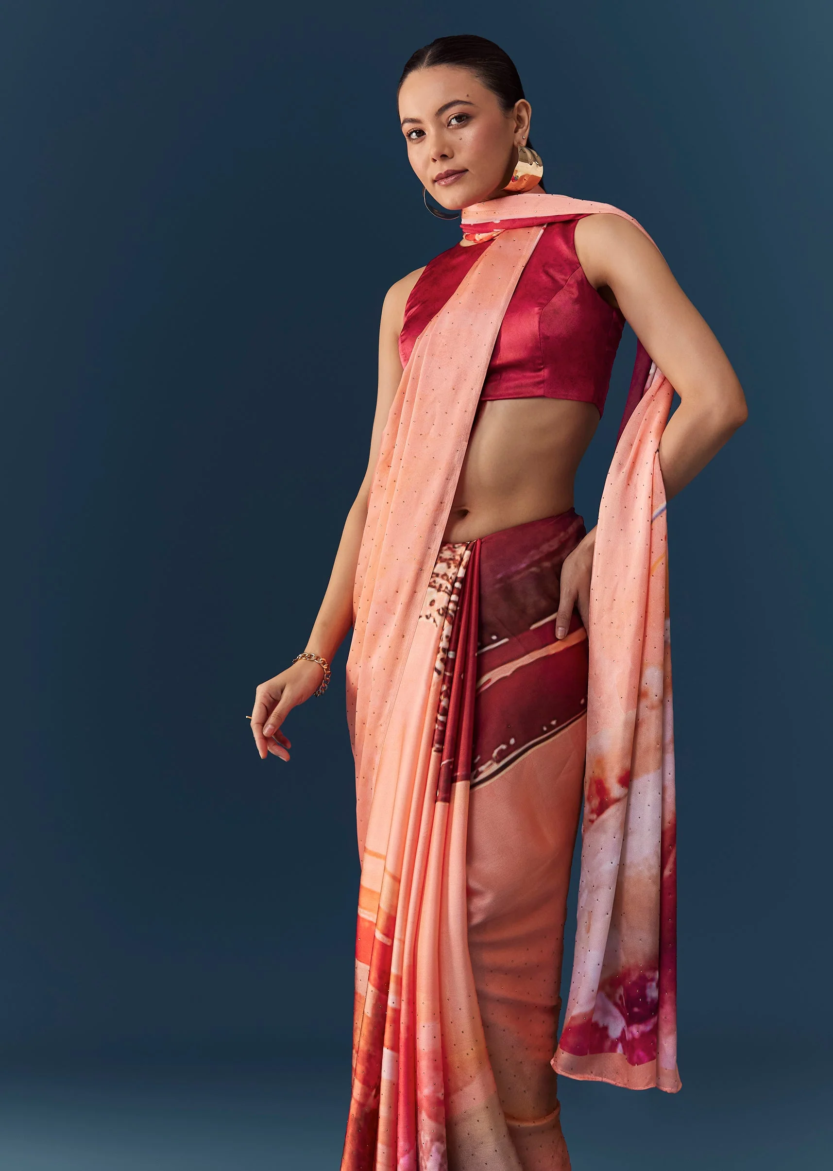 Peach Printed Saree with Blouse Fabric - Image 4