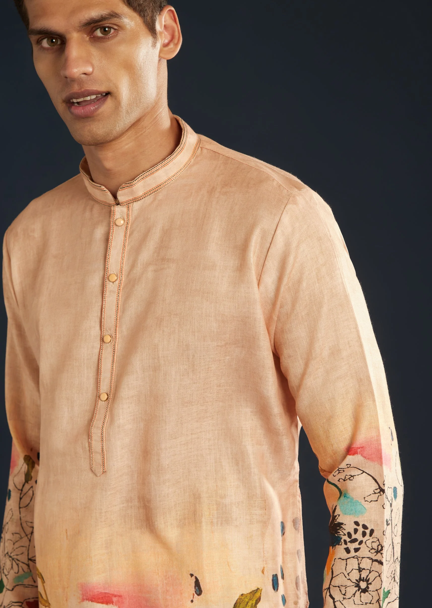 Peach Printed Silk Kurta Set - Image 2