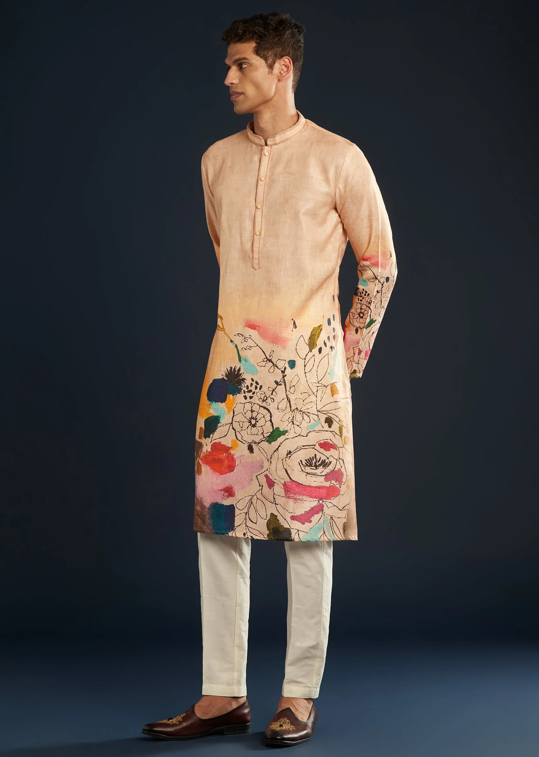 Peach Printed Silk Kurta Set - Image 3