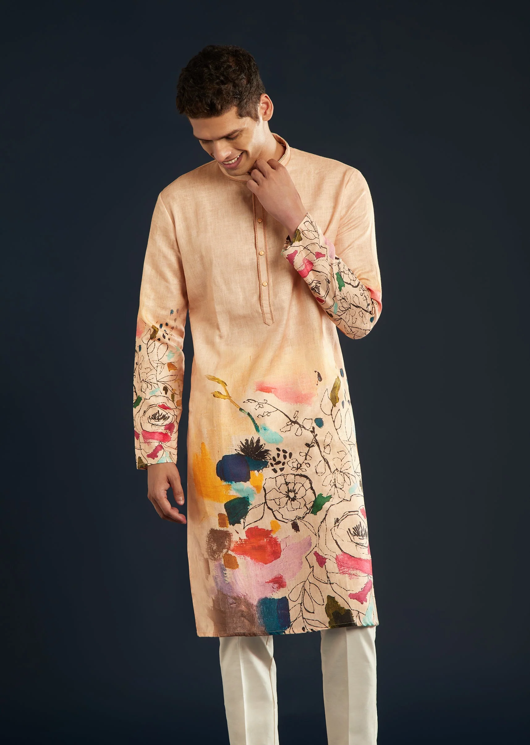Peach Printed Silk Kurta Set - Image 4