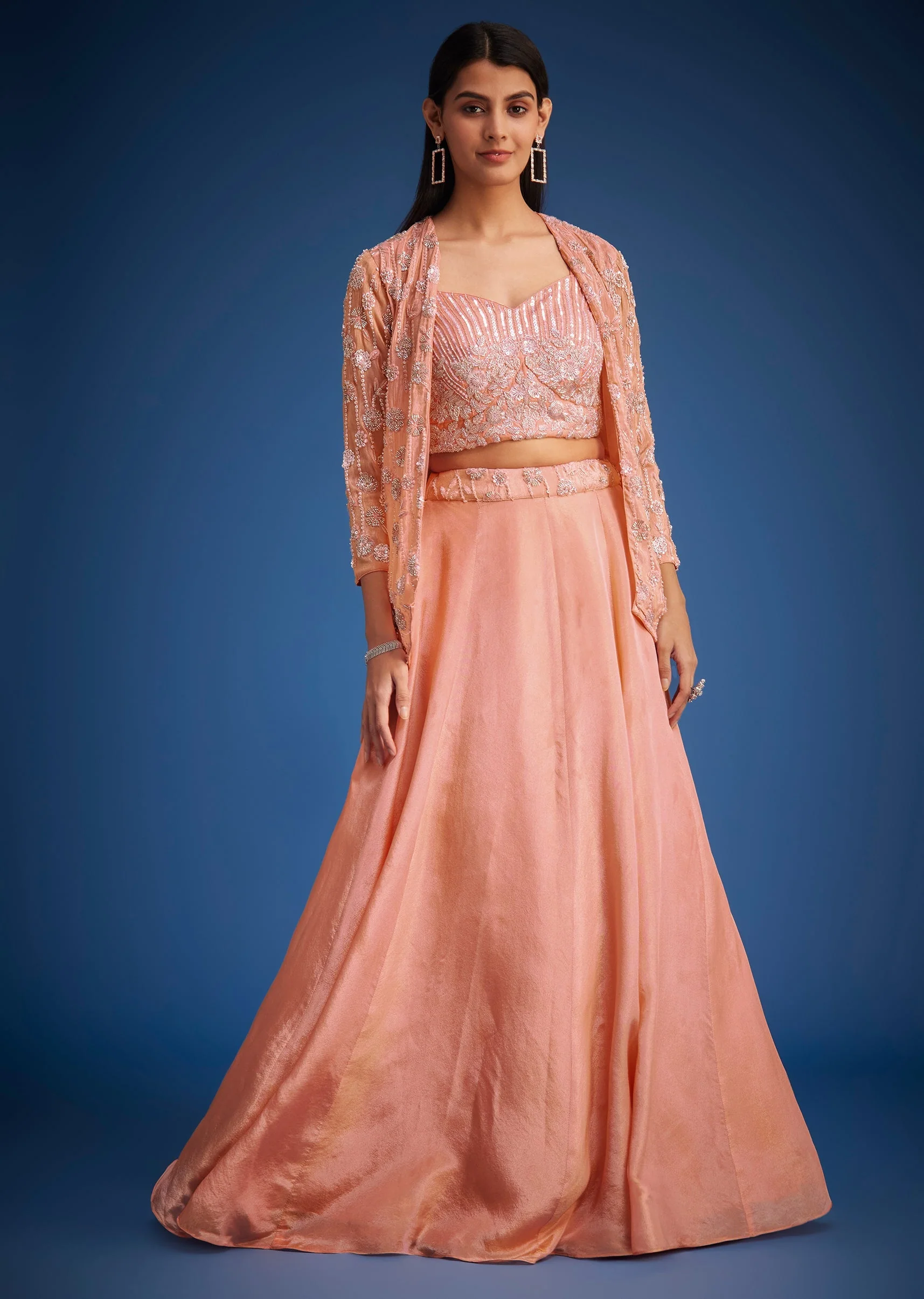 Peach Raw Silk Embroidered Jacket Lehenga Set - Image 3