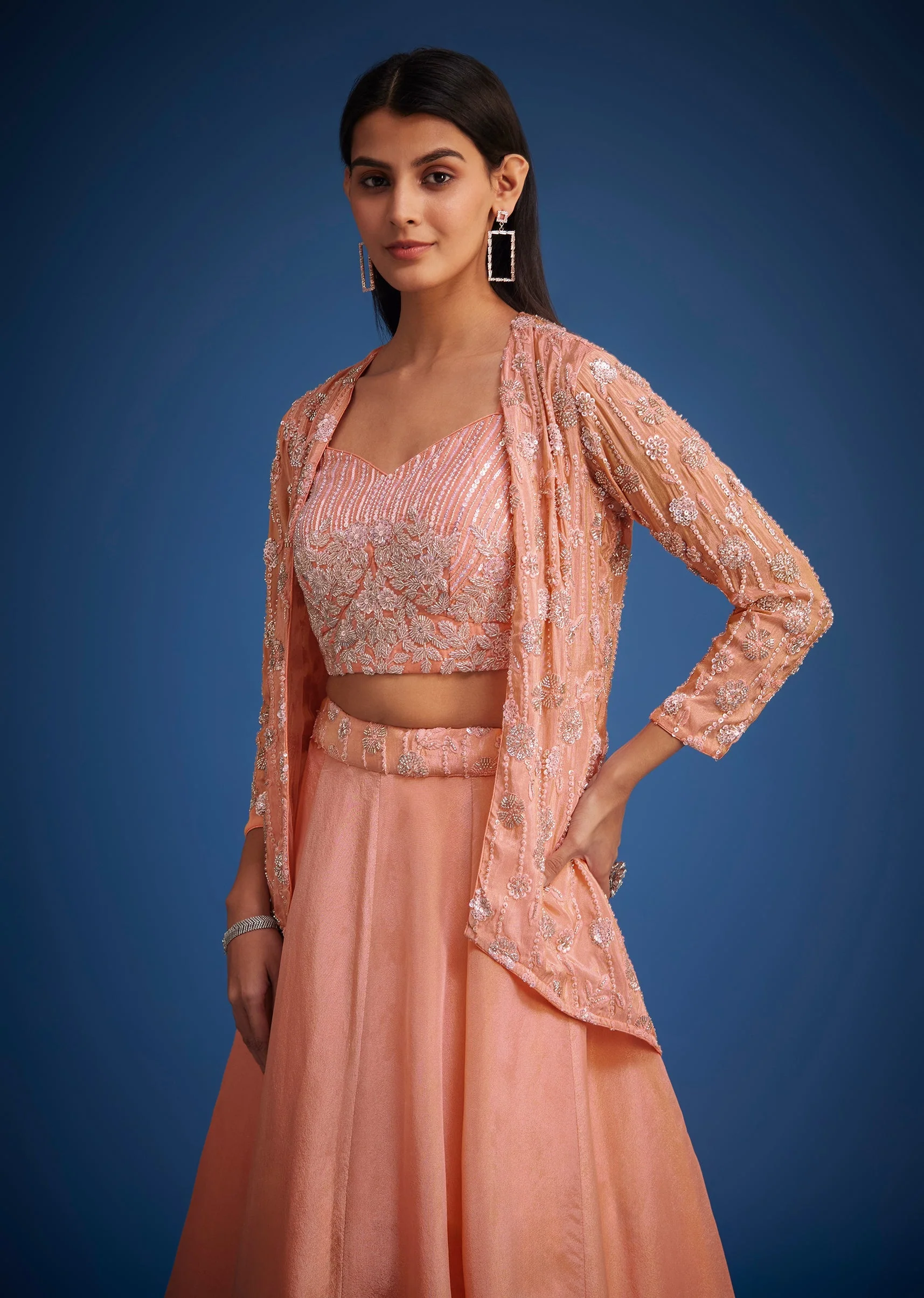Peach Raw Silk Embroidered Jacket Lehenga Set - Image 4