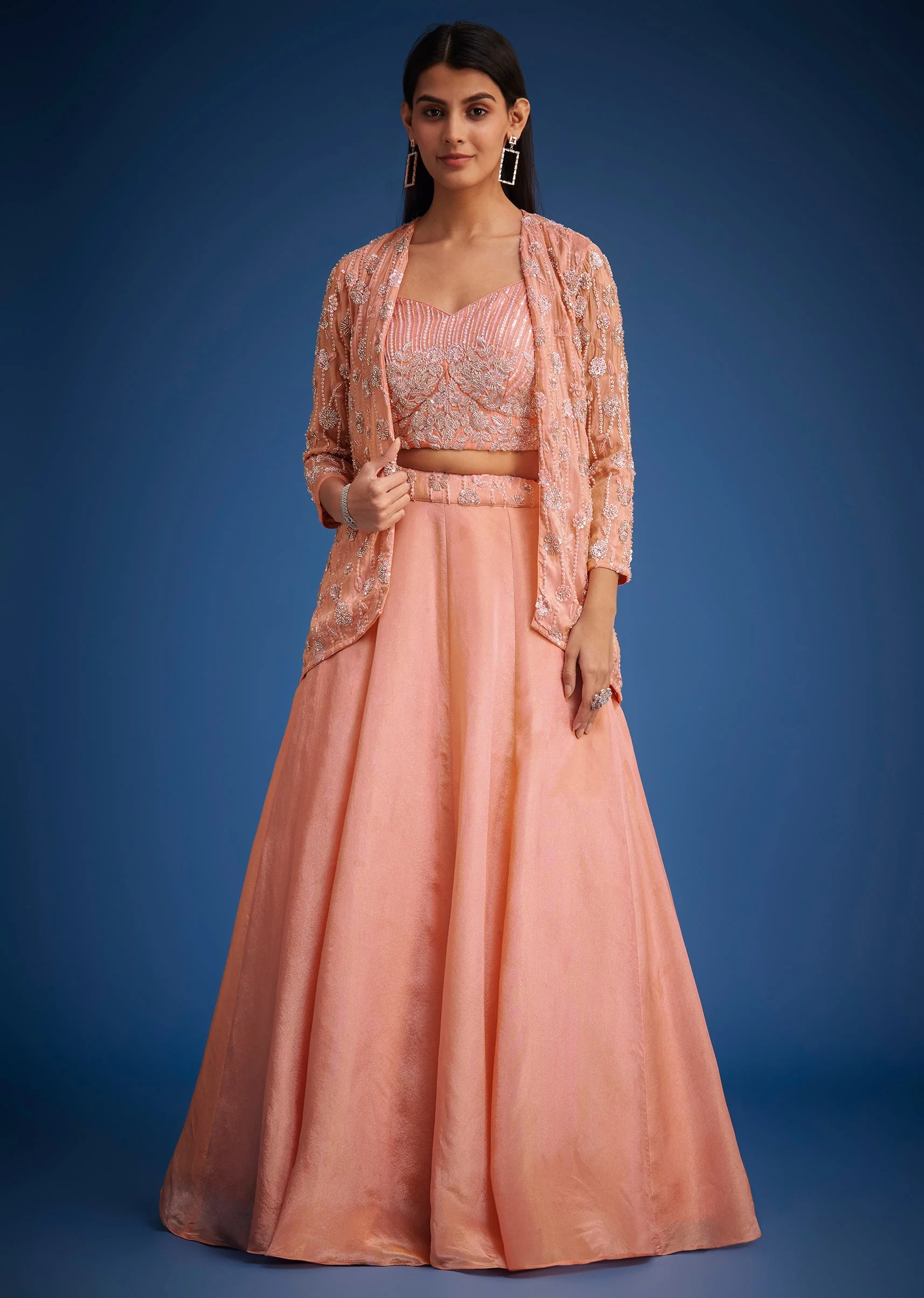 Peach Raw Silk Embroidered Jacket Lehenga Set - Image 7