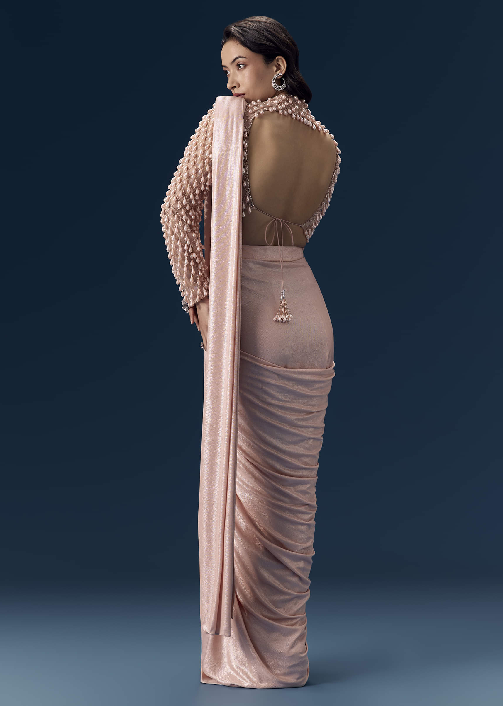 Peach Ready Pleated Saree with Blouse - Image 2
