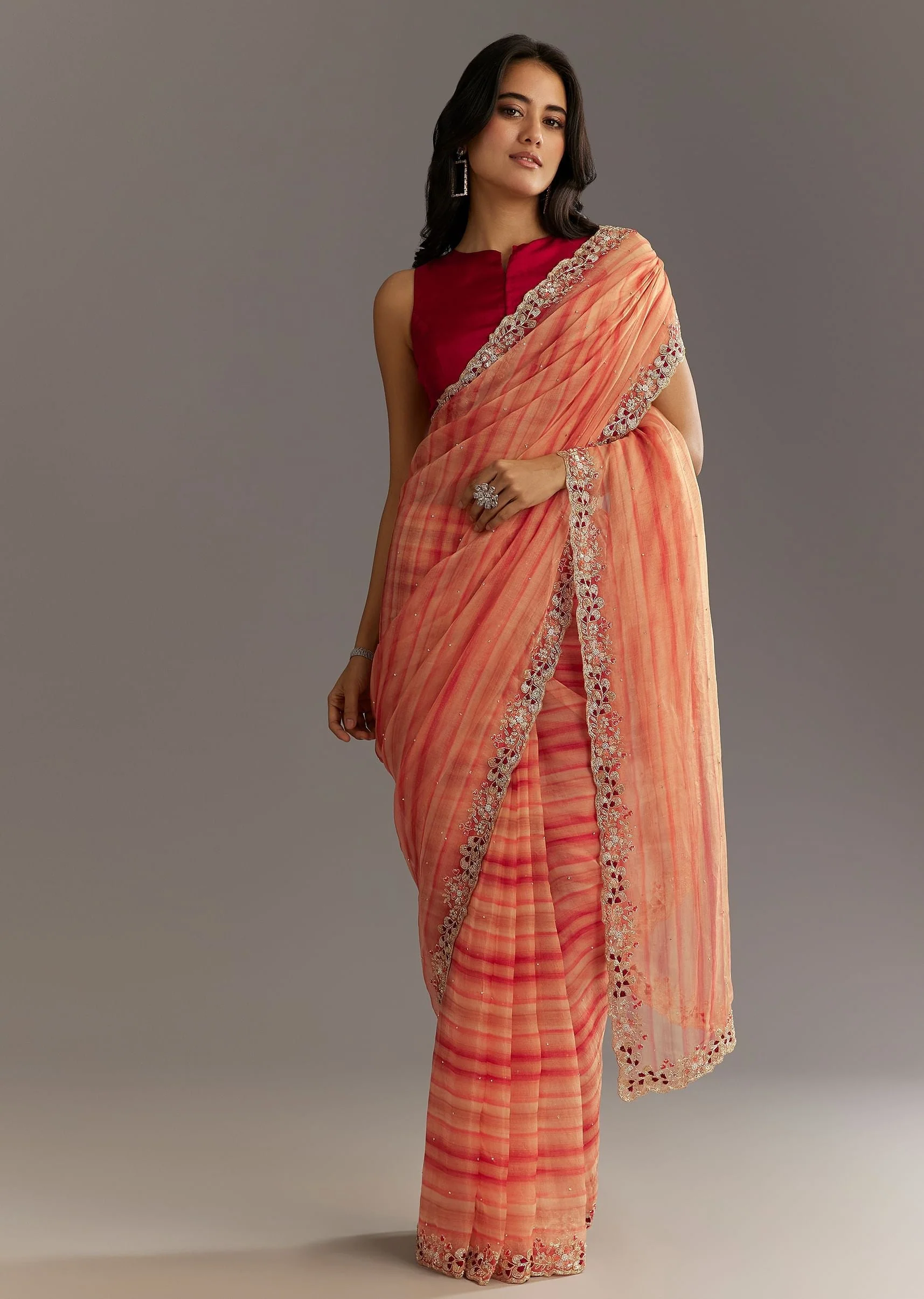 Peach Red Shaded Shibori Print Tissue Saree With Embroidered Scallop Border - Image 3
