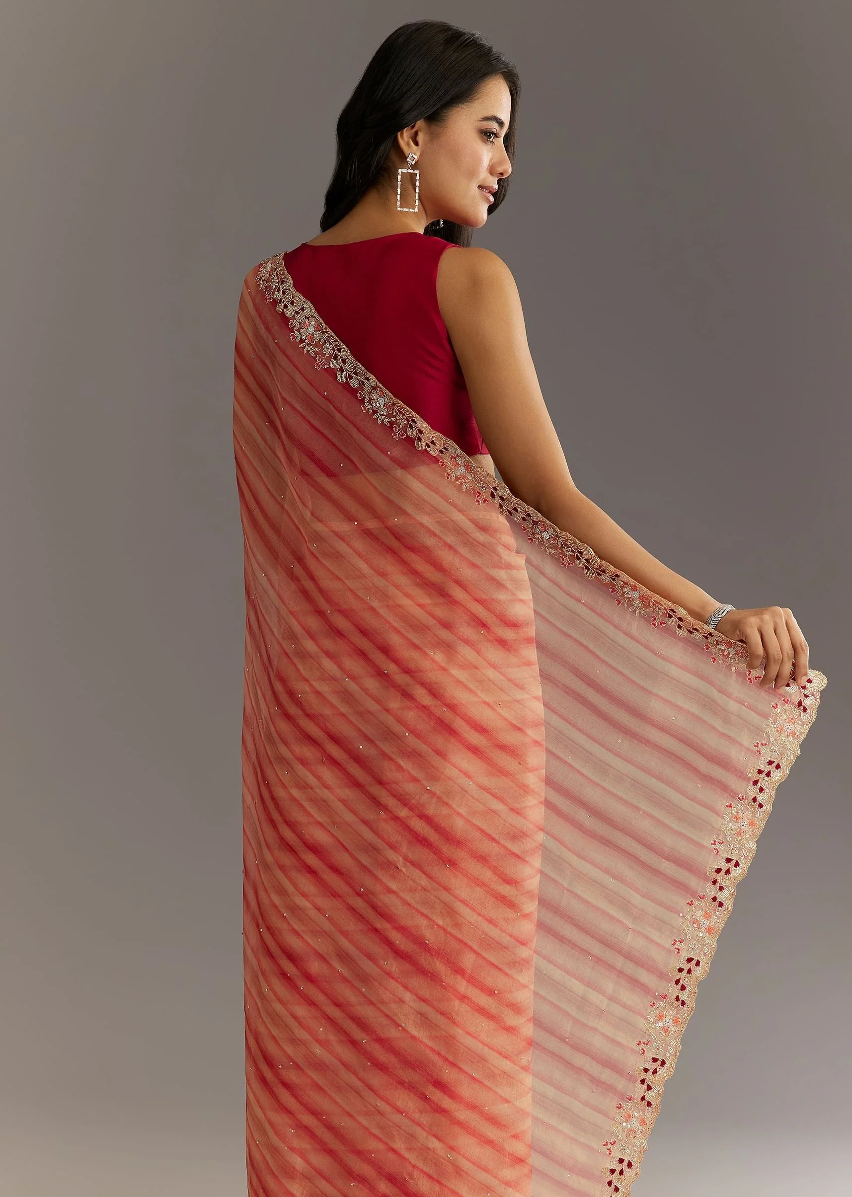 Peach Red Shaded Shibori Print Tissue Saree With Embroidered Scallop Border - Image 6