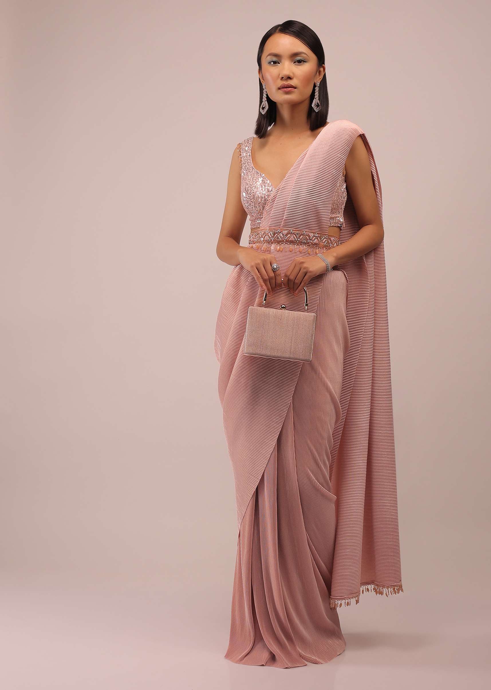 Peach Saree With A Crop Top Crafted In Net With Sequins Embroidery - Image 3
