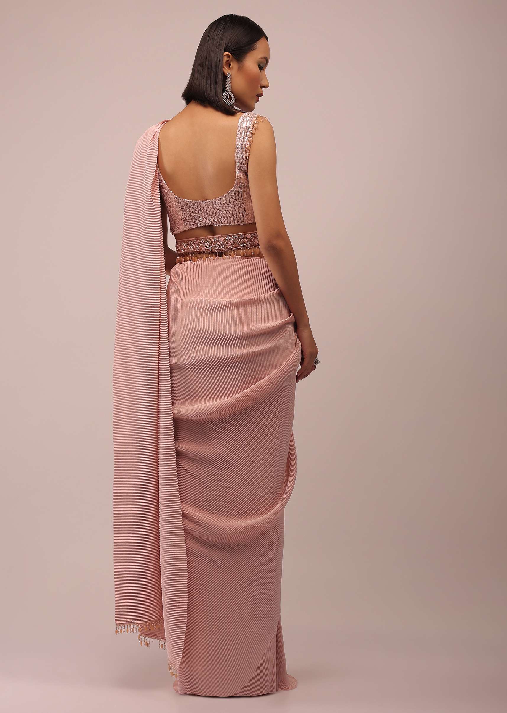Peach Saree With A Crop Top Crafted In Net With Sequins Embroidery - Image 4