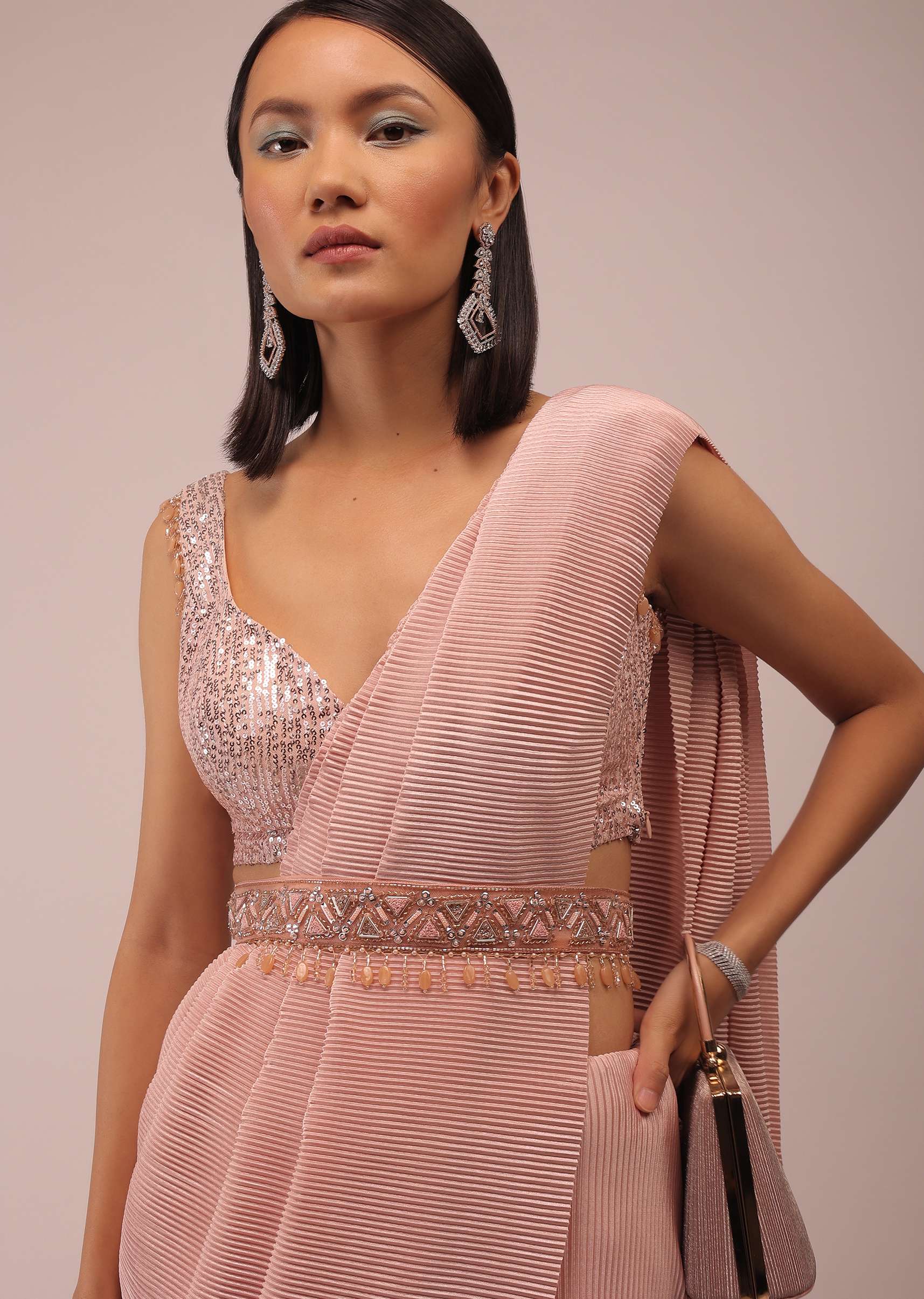 Peach Saree With A Crop Top Crafted In Net With Sequins Embroidery - Image 5