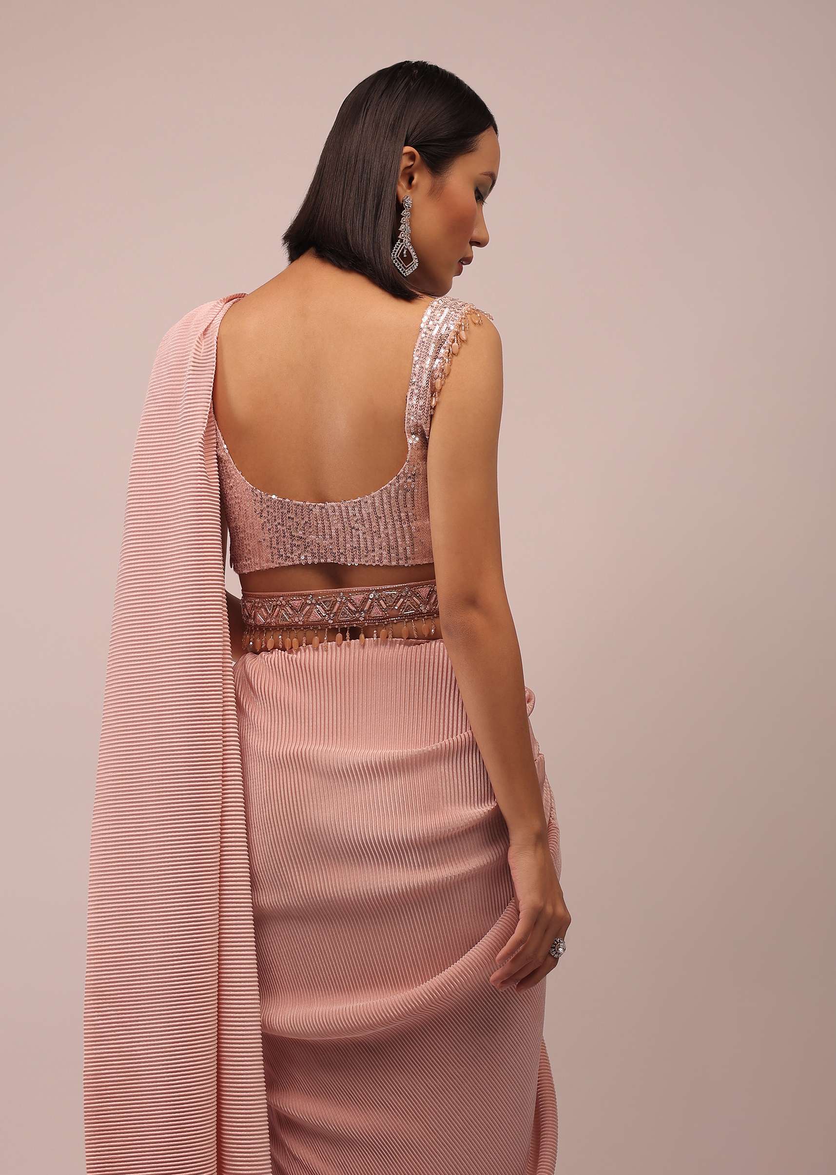Peach Saree With A Crop Top Crafted In Net With Sequins Embroidery - Image 6