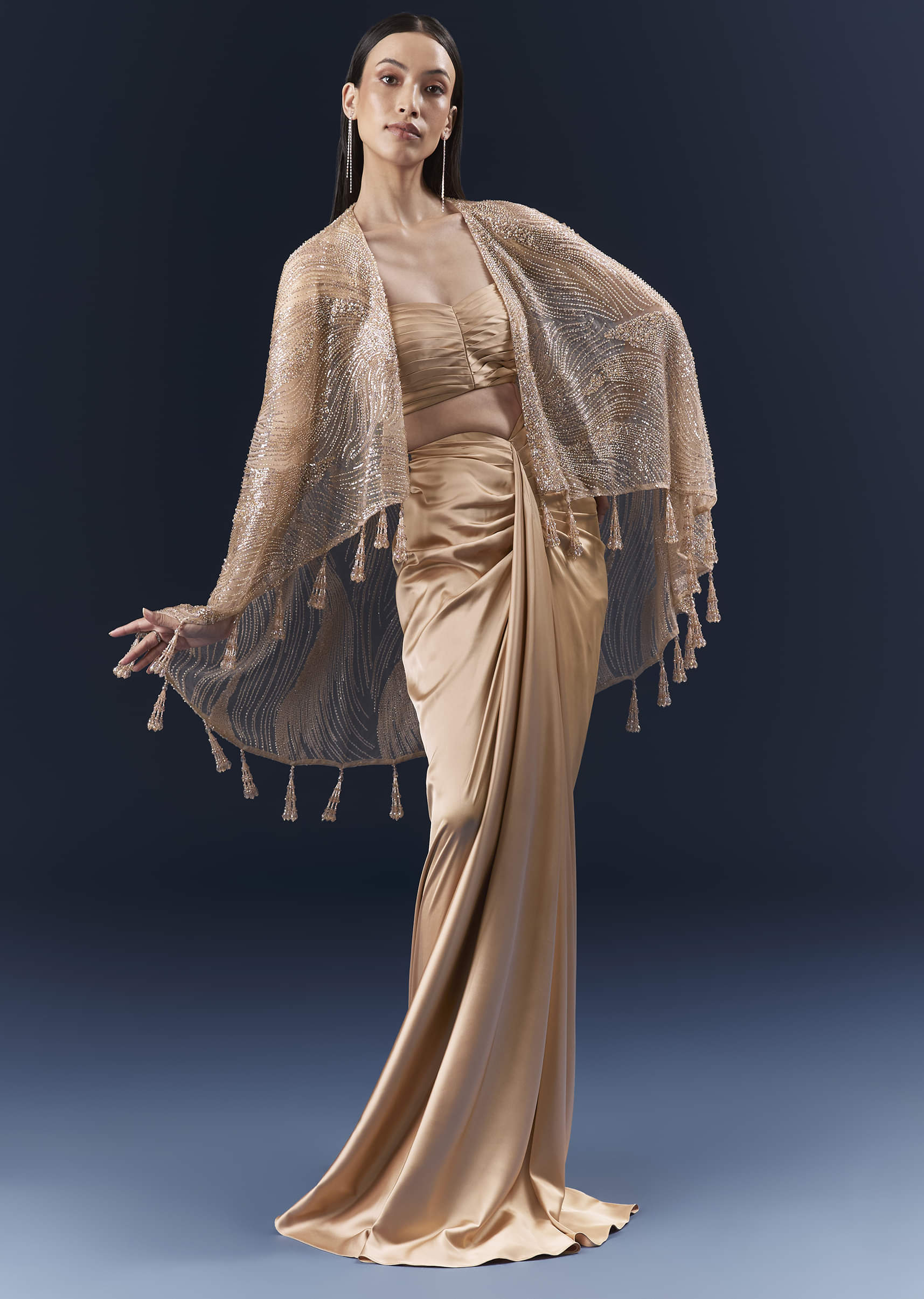 Peach Satin Crop Top And Skirt Set With Cutdana And Beads Embellishments - Image 4