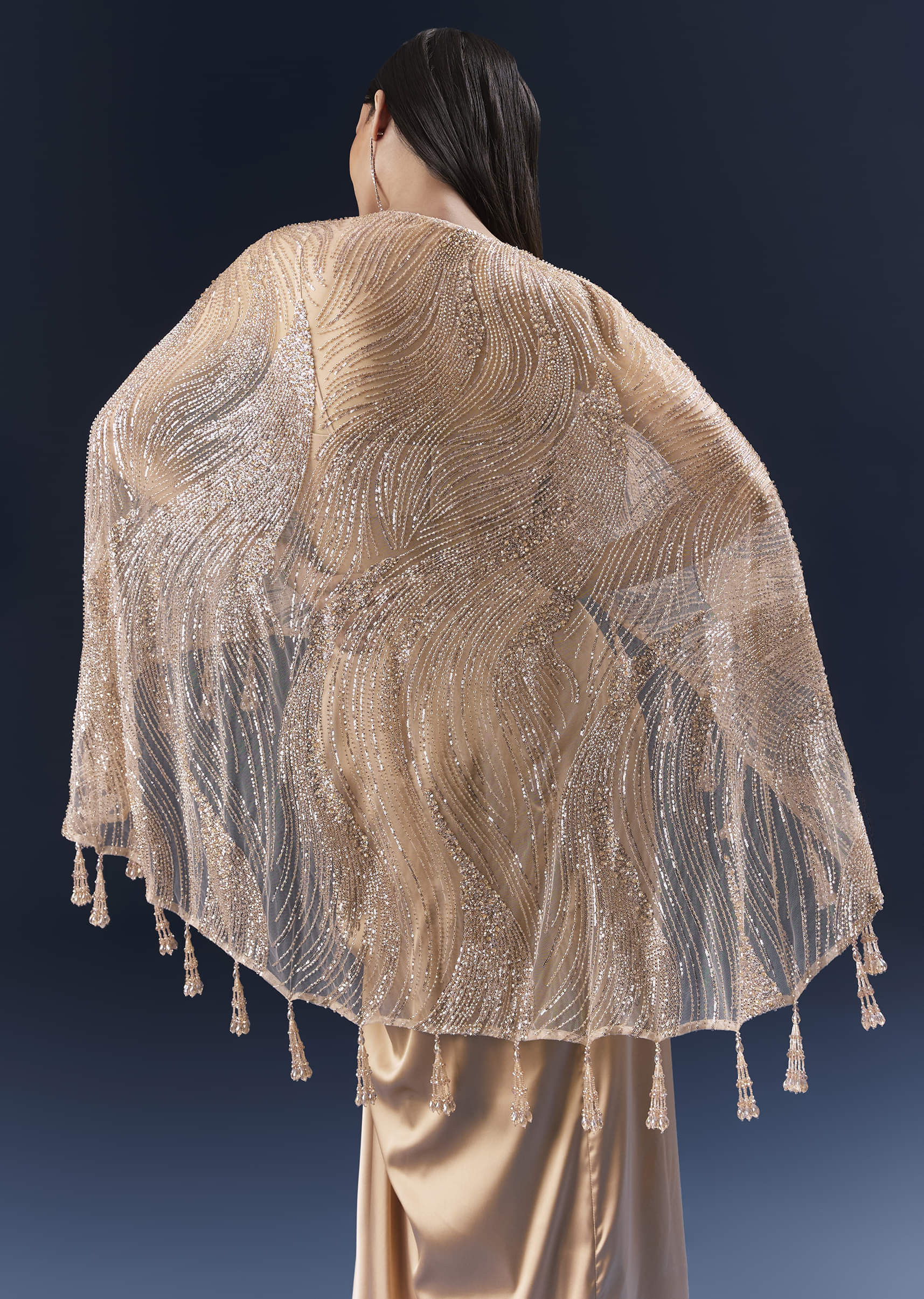 Peach Satin Crop Top And Skirt Set With Cutdana And Beads Embellishments - Image 6