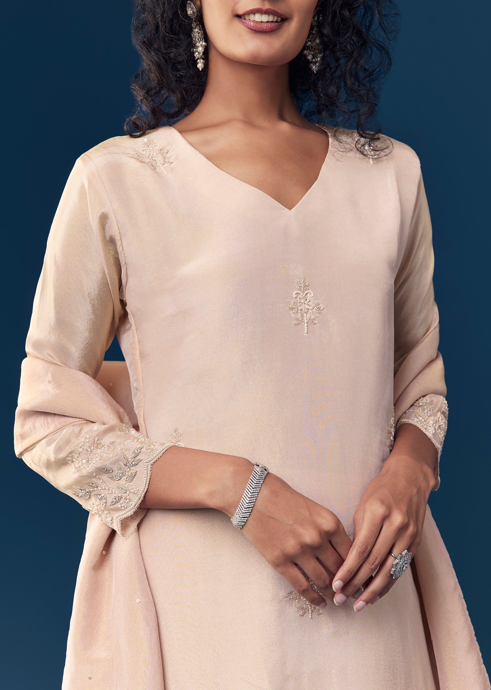 Peach Sequin Work Tissue Anarkali Set - Image 2