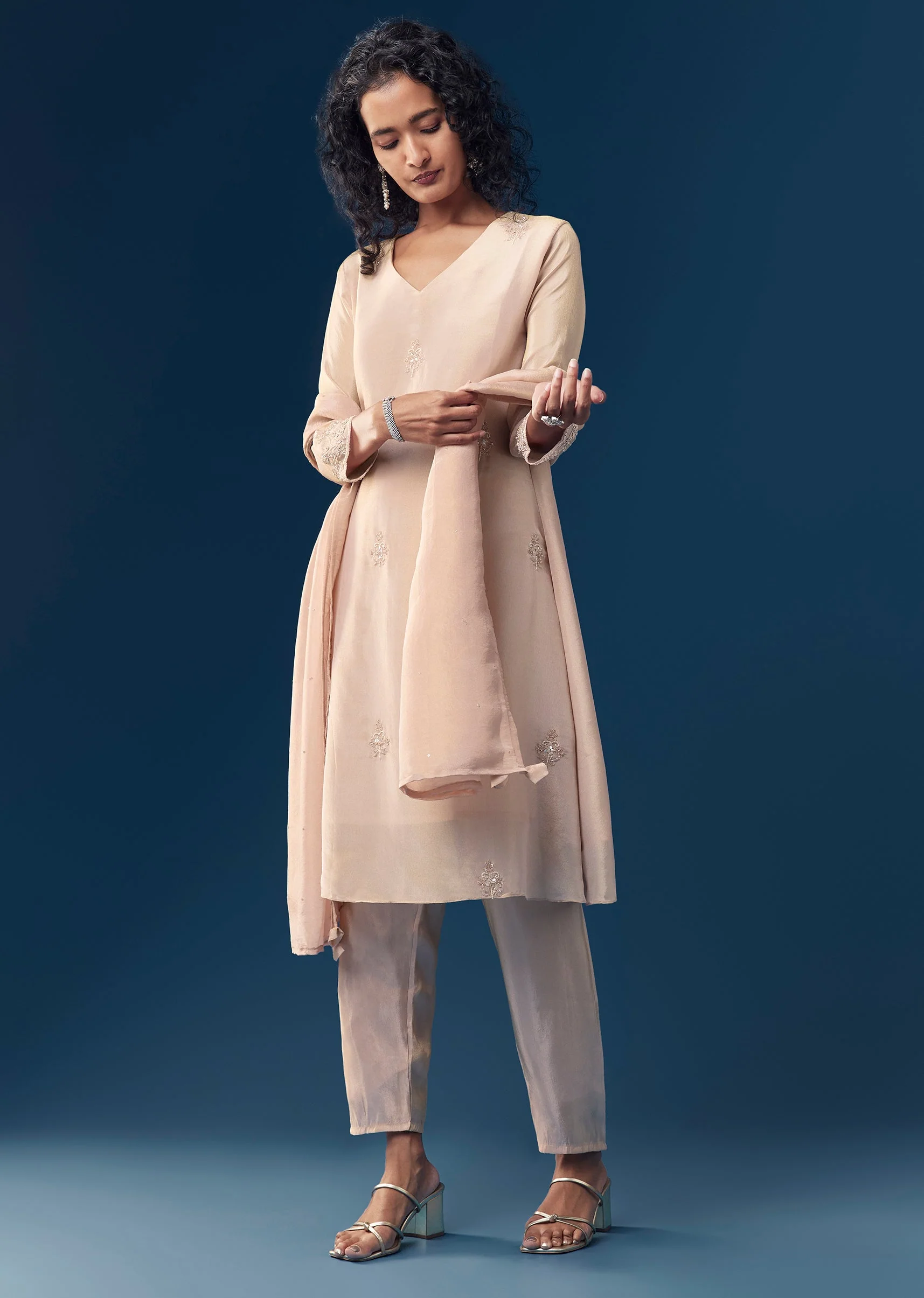 Peach Sequin Work Tissue Anarkali Set - Image 3