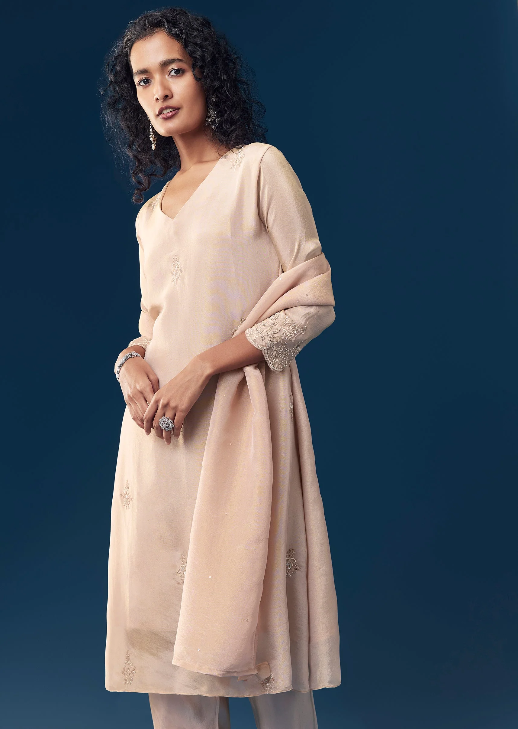 Peach Sequin Work Tissue Anarkali Set - Image 4