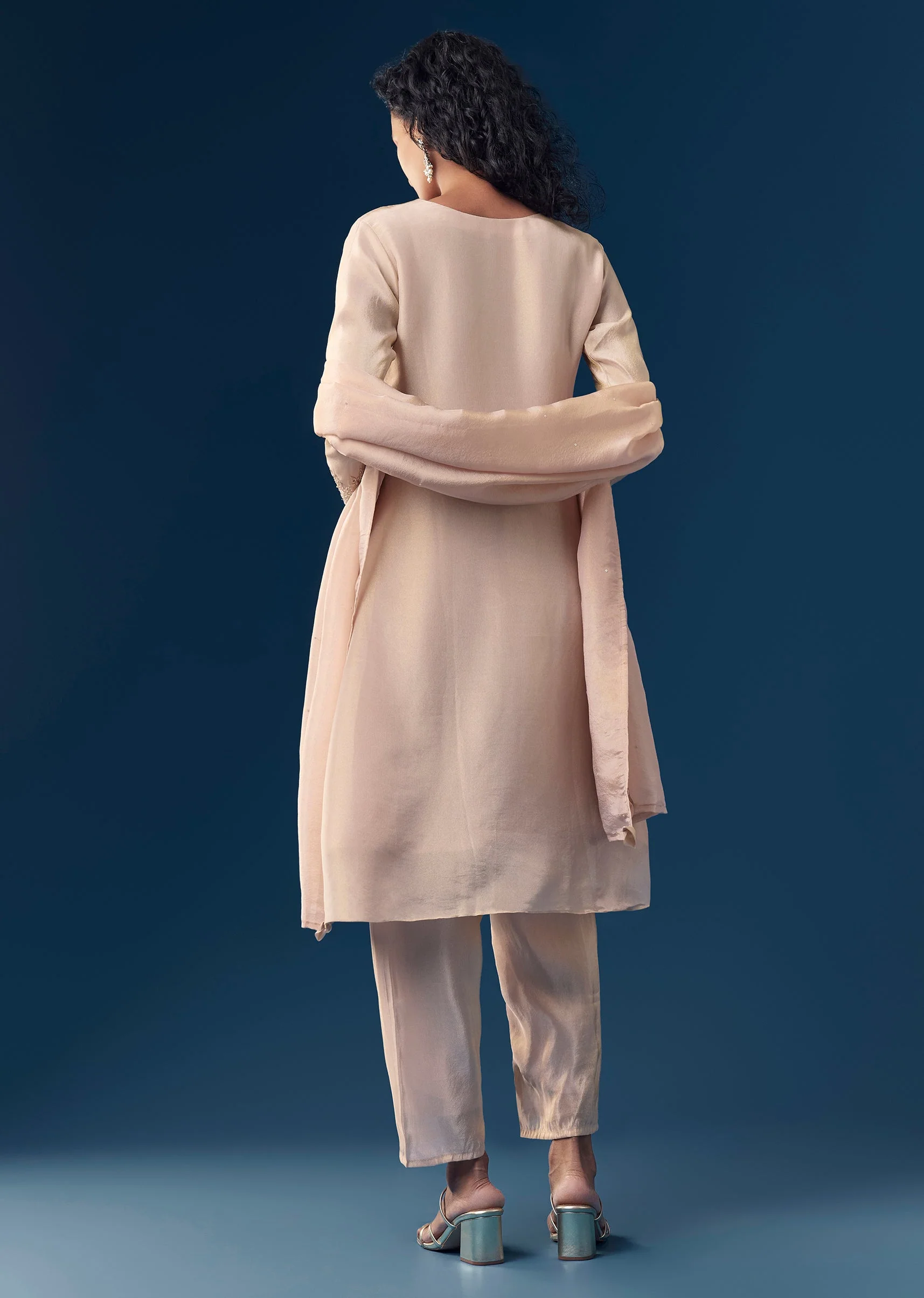 Peach Sequin Work Tissue Anarkali Set - Image 5