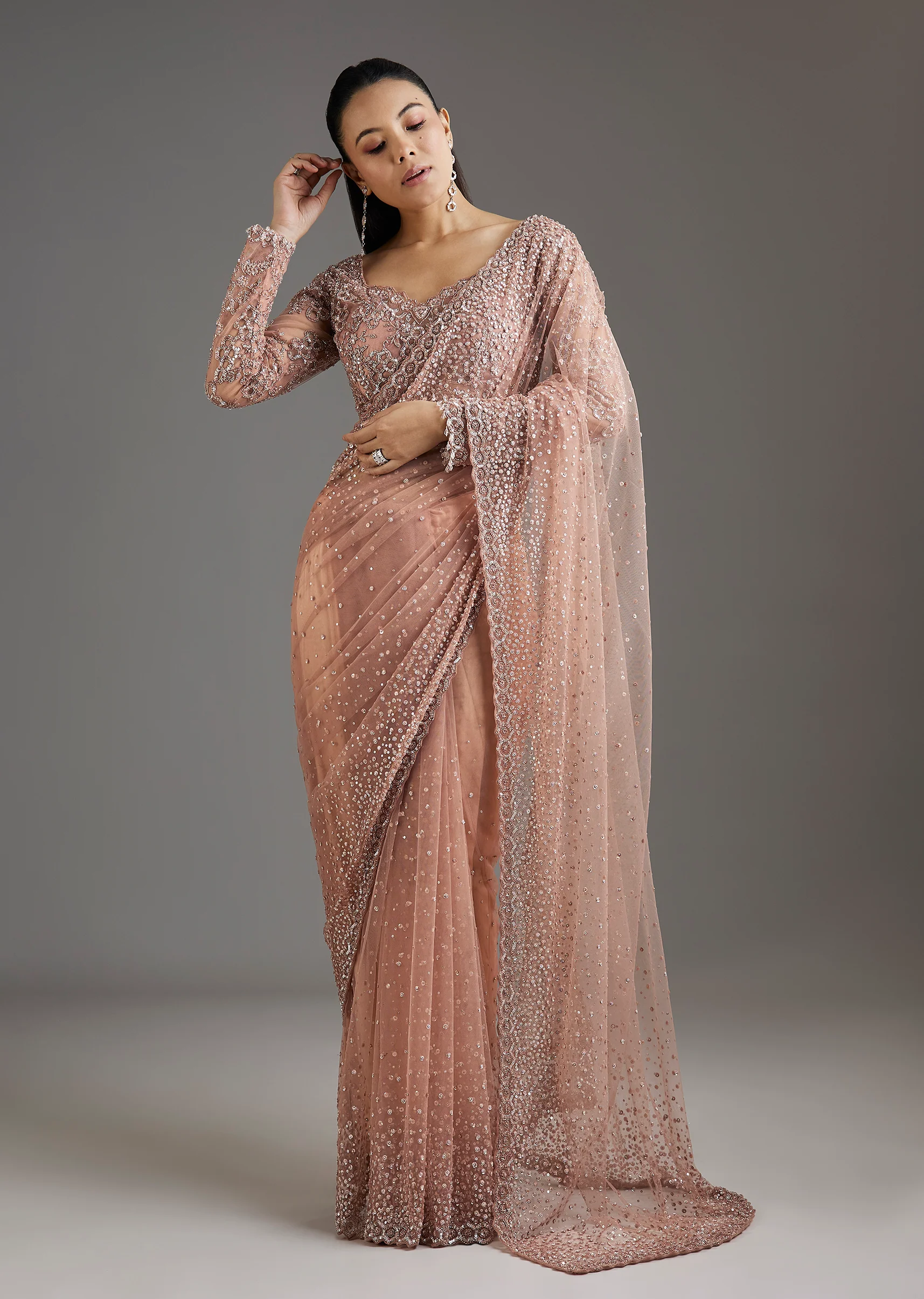 Peach Sequins Embellished Net Saree With Full Sleeves Blouse - Image 3