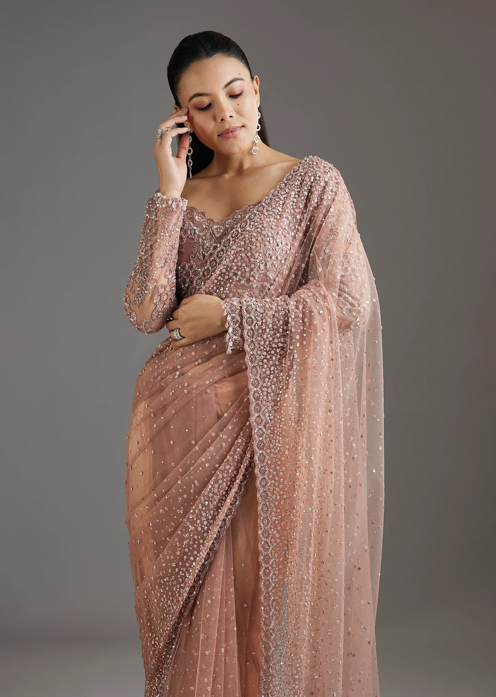Peach Sequins Embellished Net Saree With Full Sleeves Blouse - Image 4