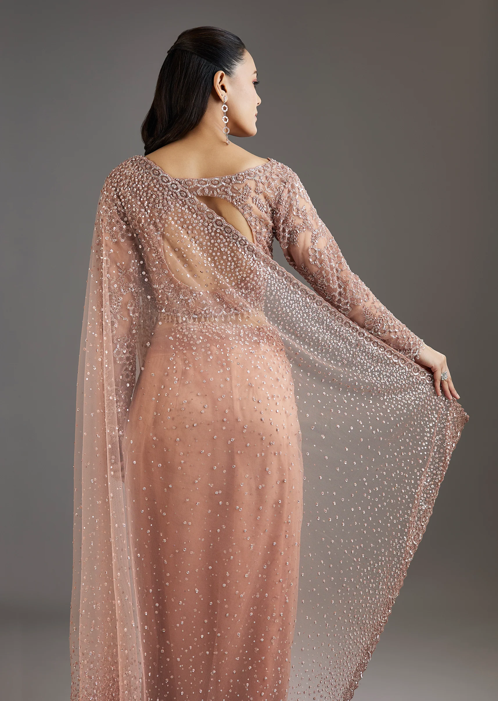 Peach Sequins Embellished Net Saree With Full Sleeves Blouse - Image 5