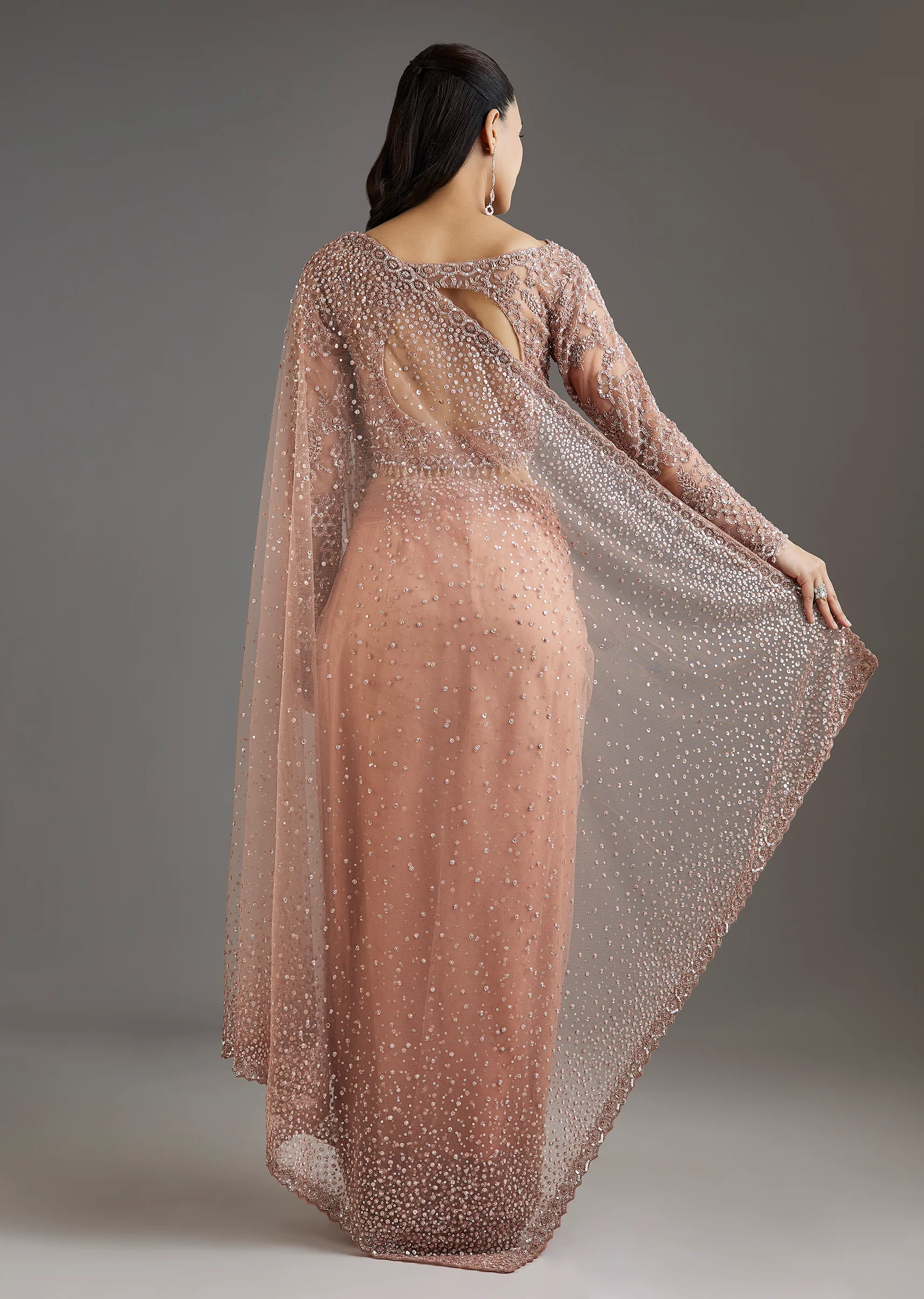 Peach Sequins Embellished Net Saree With Full Sleeves Blouse - Image 6