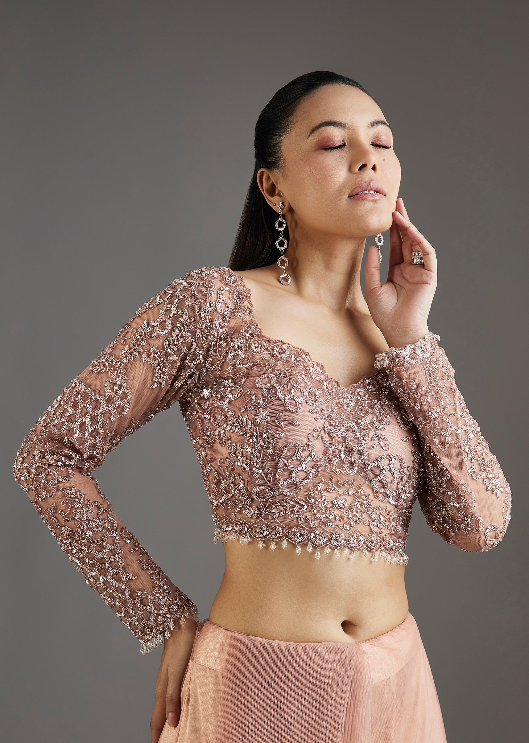 Peach Sequins Embellished Net Saree With Full Sleeves Blouse - Image 7