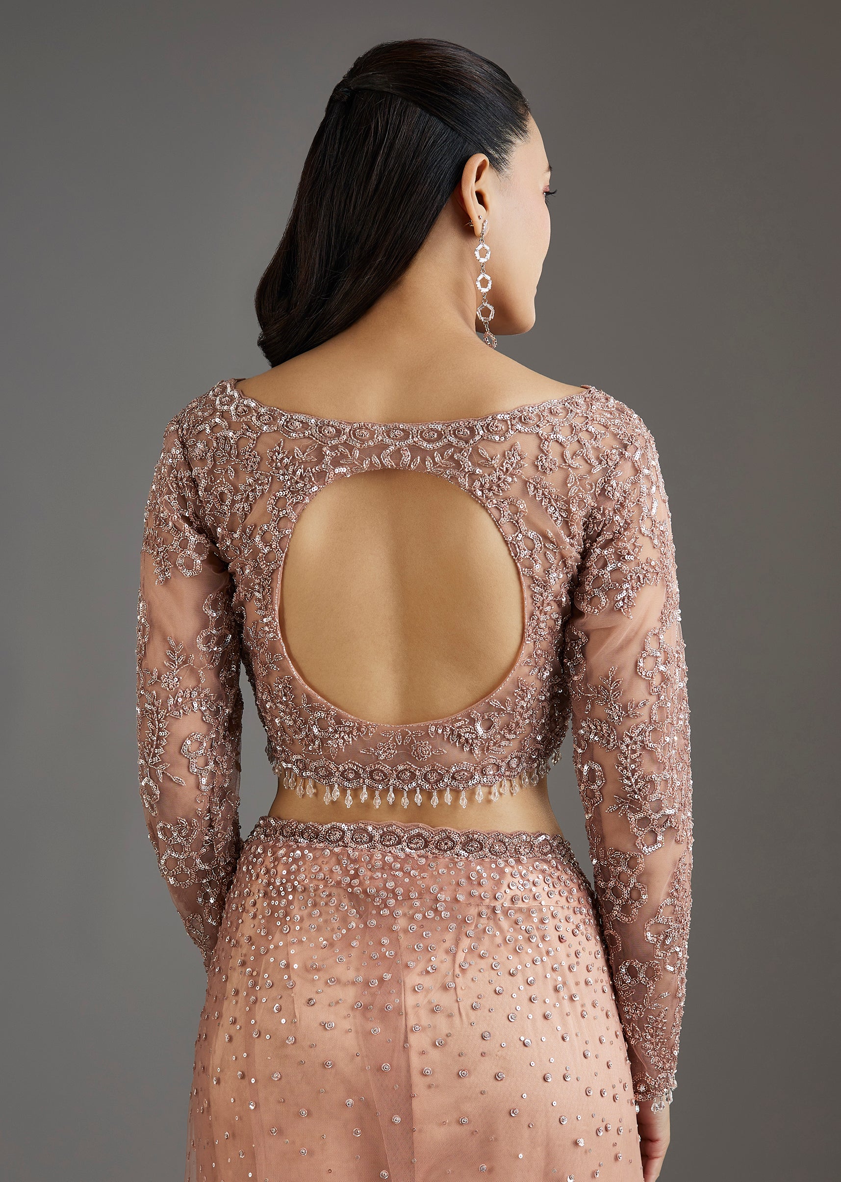 Peach Sequins Embellished Net Saree With Full Sleeves Blouse - Image 8