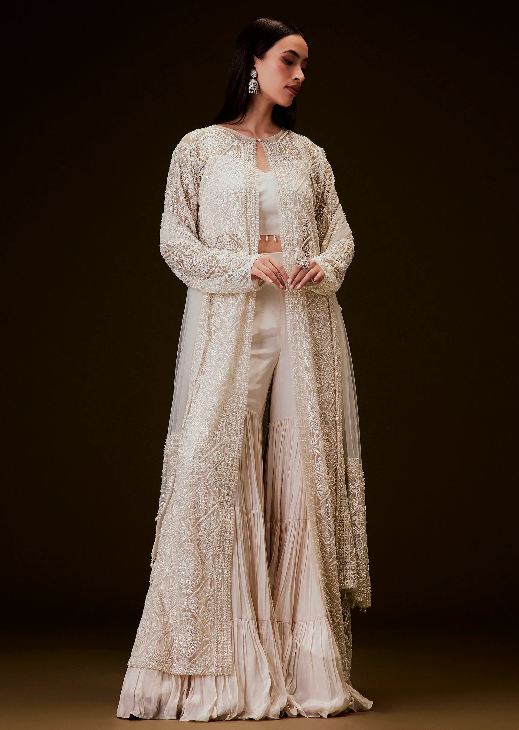 Peach Sharara Set With Sequence Embroidered Long Jacket - Image 2