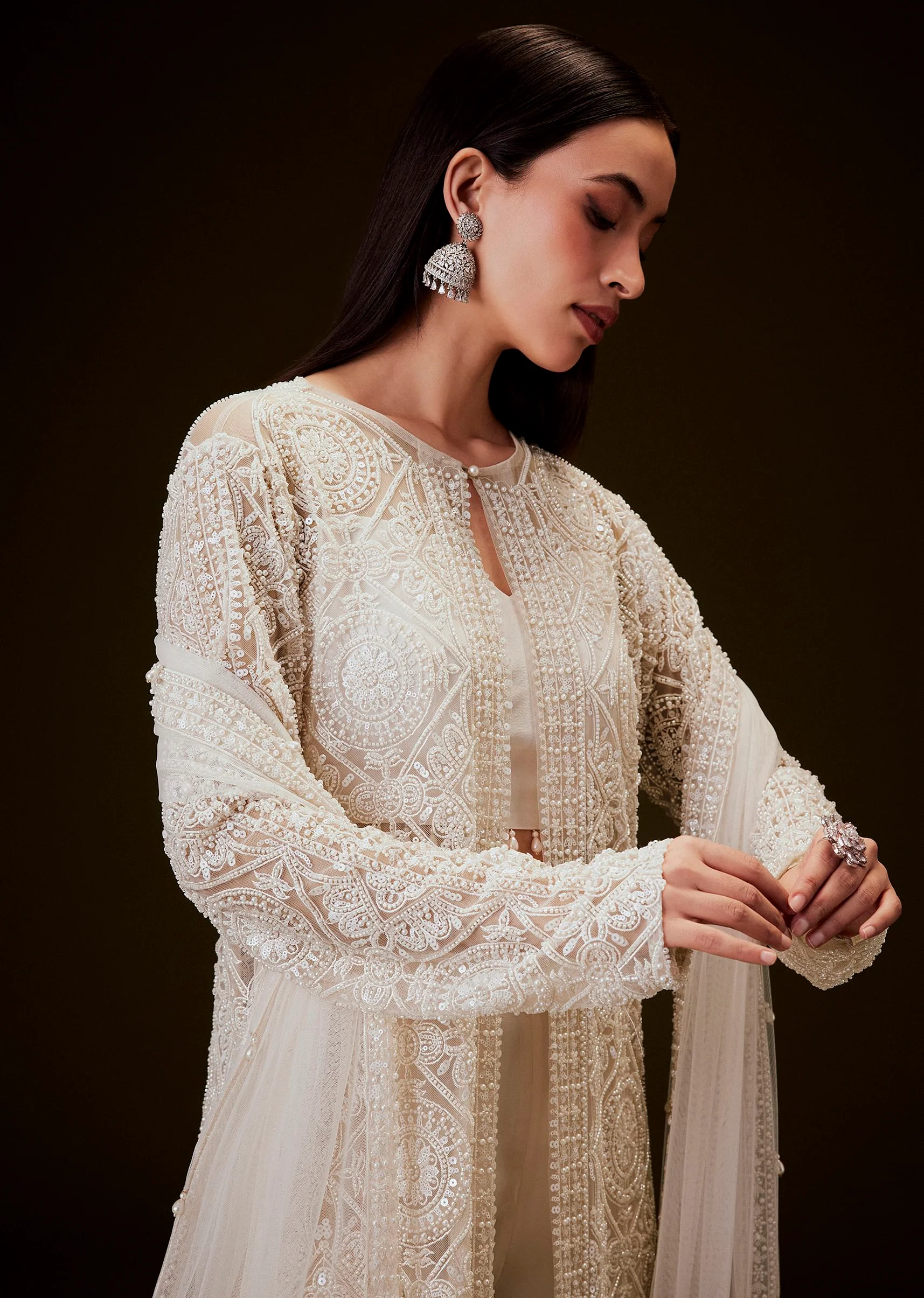 Peach Sharara Set With Sequence Embroidered Long Jacket - Image 3