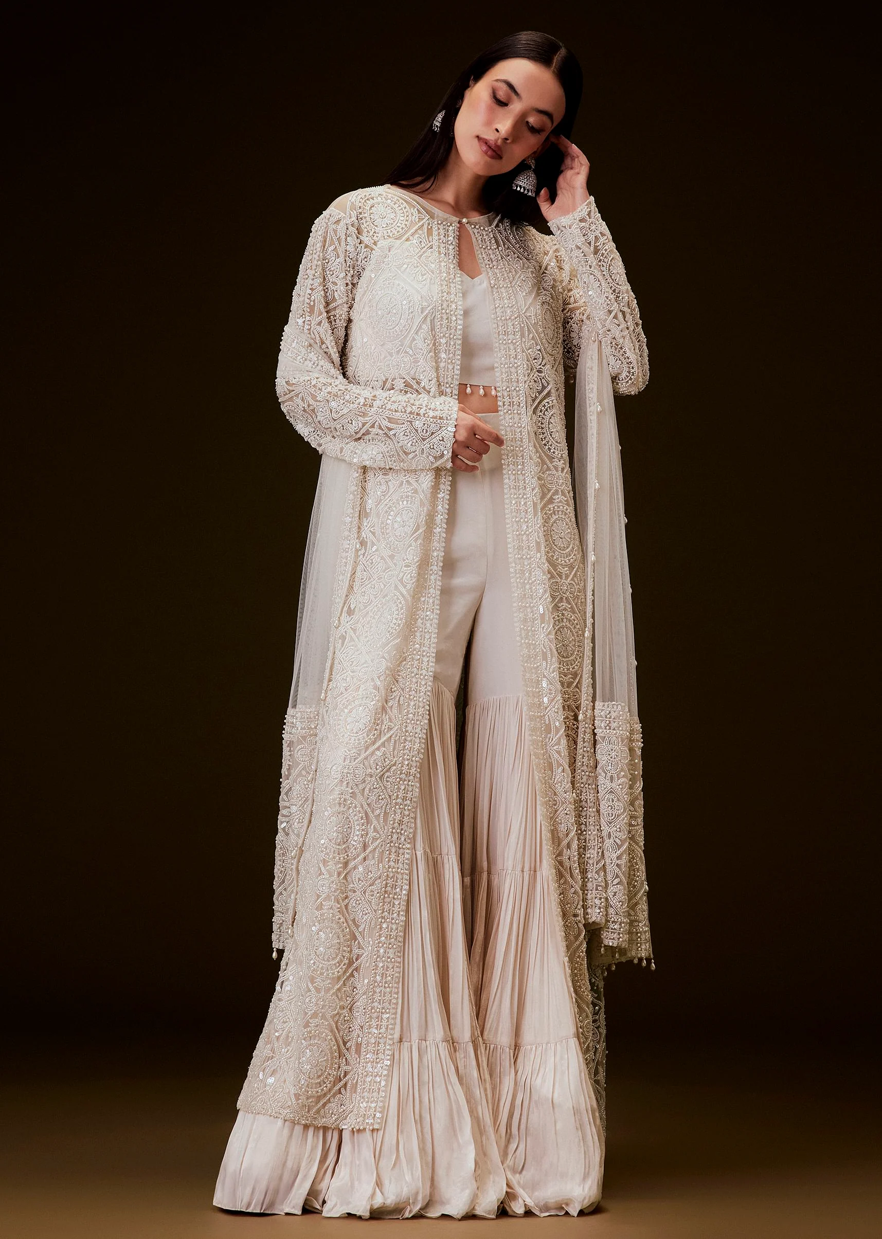 Peach Sharara Set With Sequence Embroidered Long Jacket - Image 4