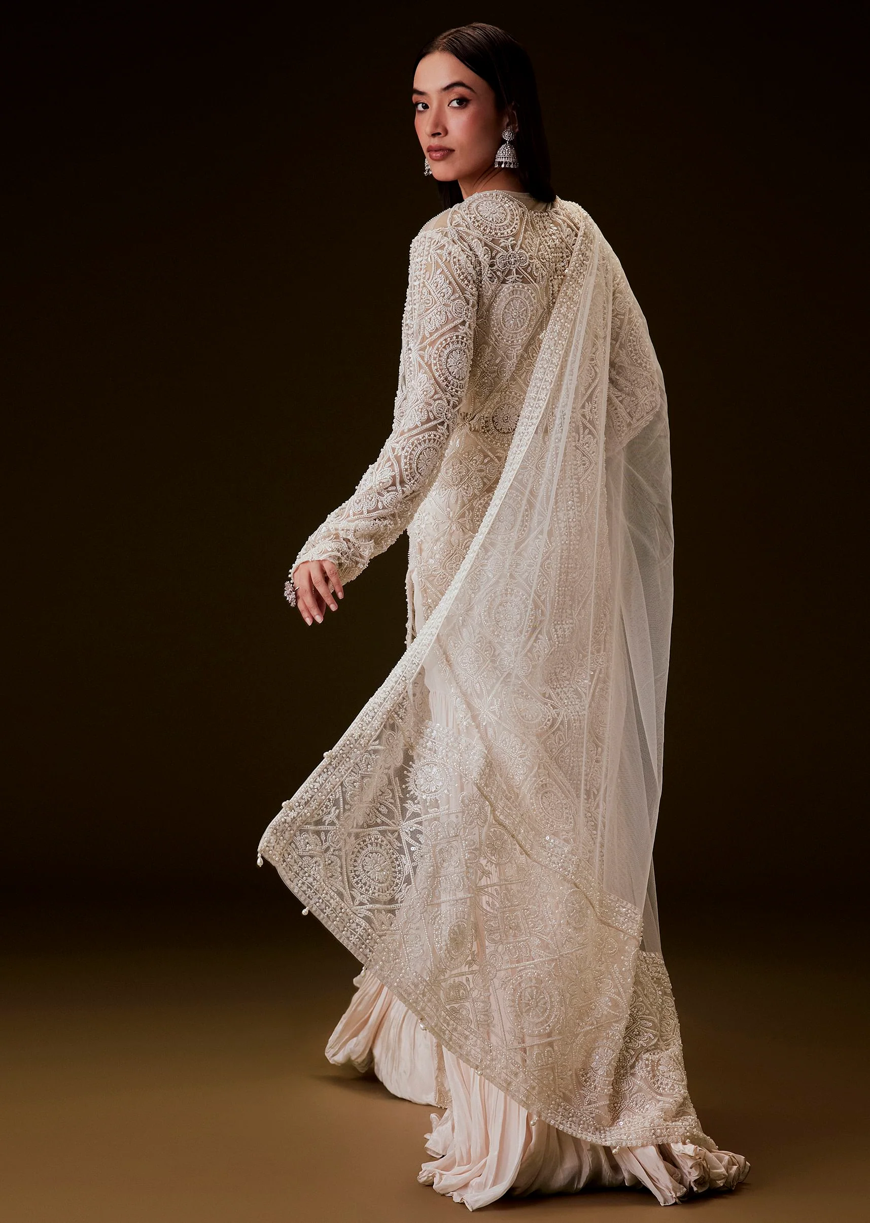Peach Sharara Set With Sequence Embroidered Long Jacket - Image 5