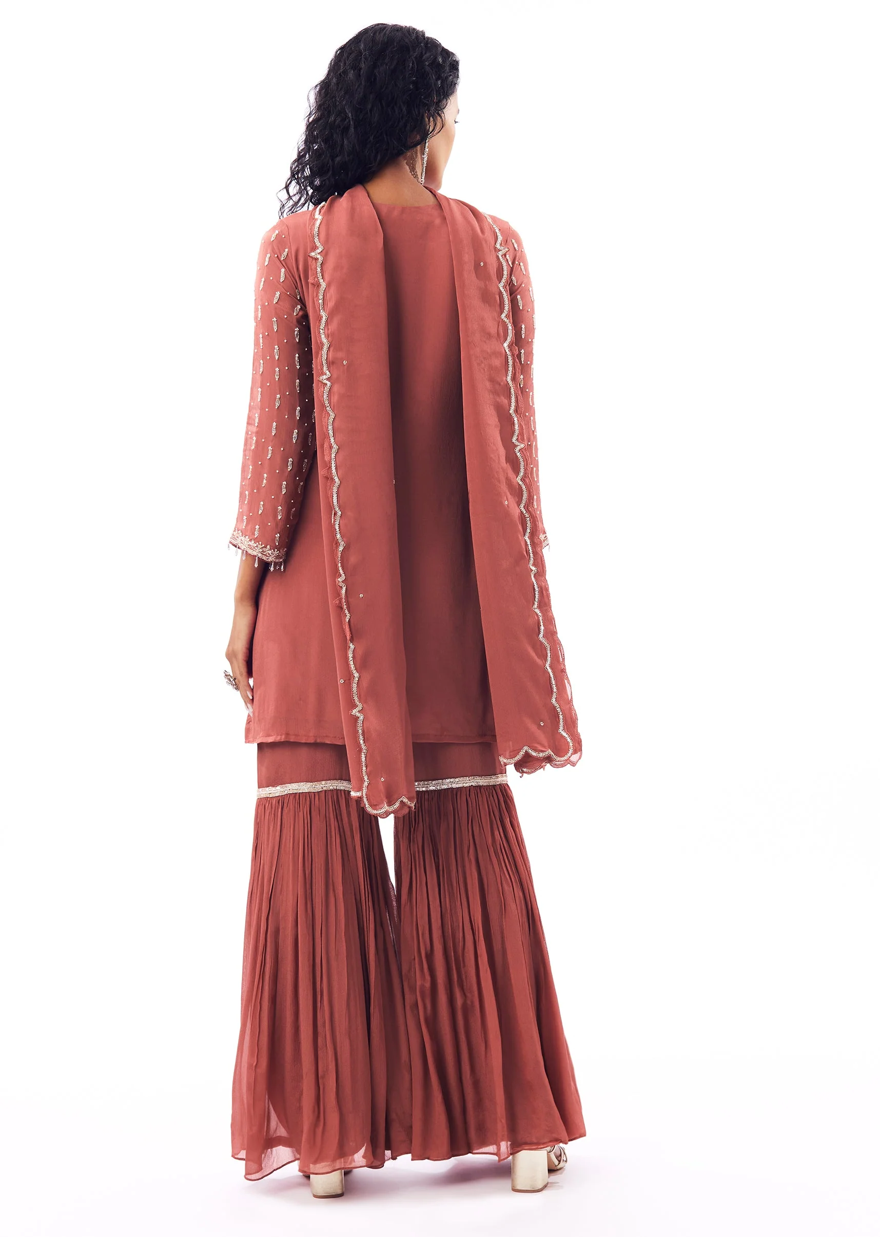 Peach Sharara Suit With Cutdana And Moti Work - Image 5