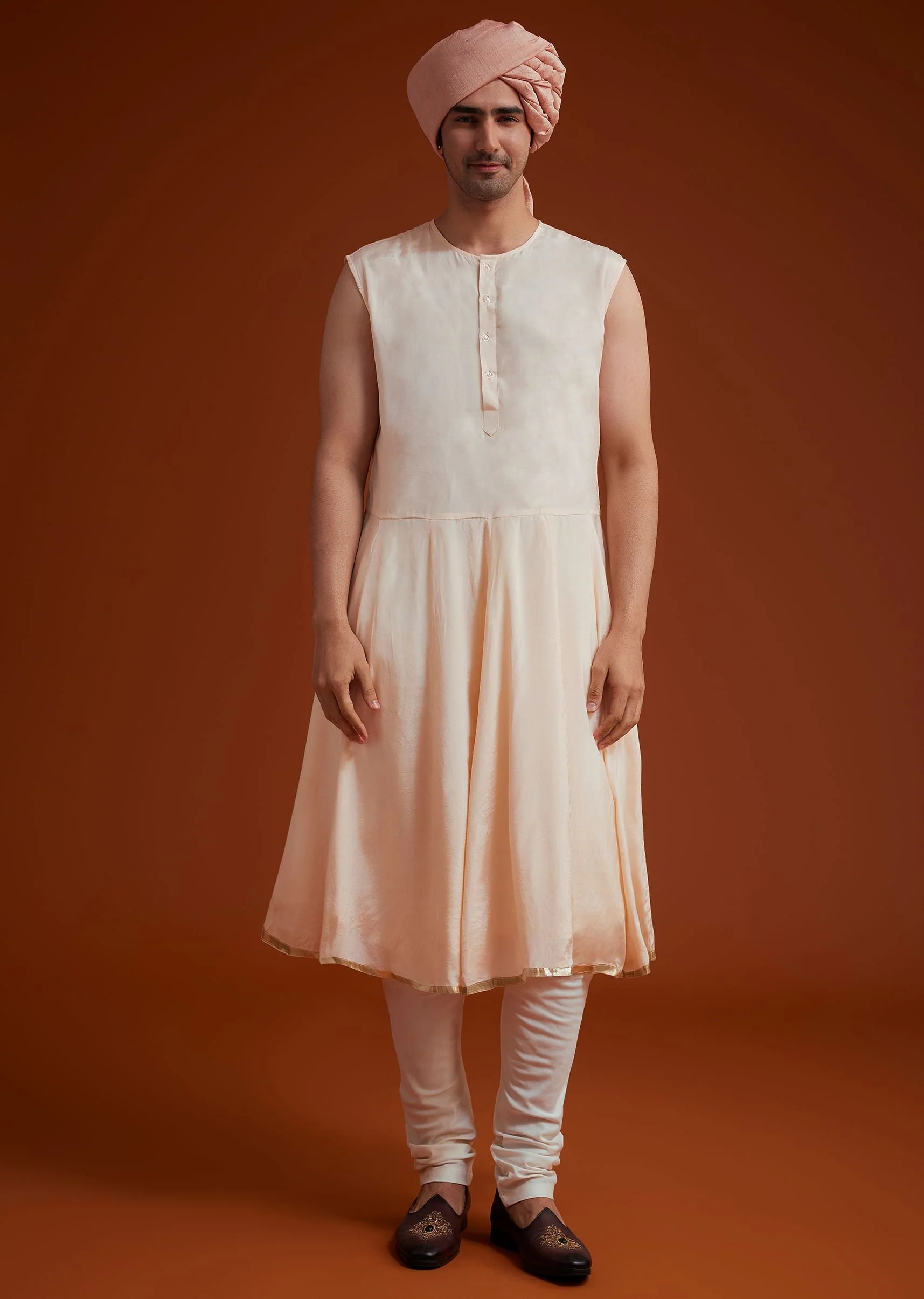 Peach Sherwani With Bead And Thread Embroidery - Image 6