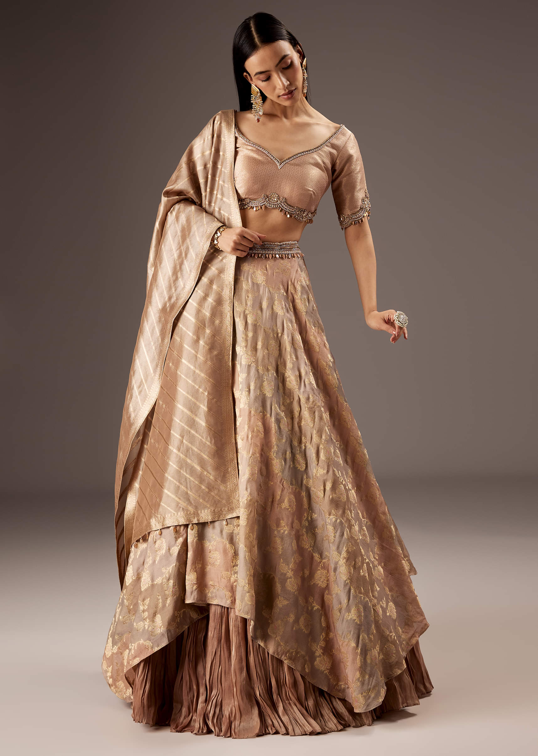 Peach Silk Bridesmaid Lehenga With Embroidered Tassel Blouse And Dupatta - Image 6