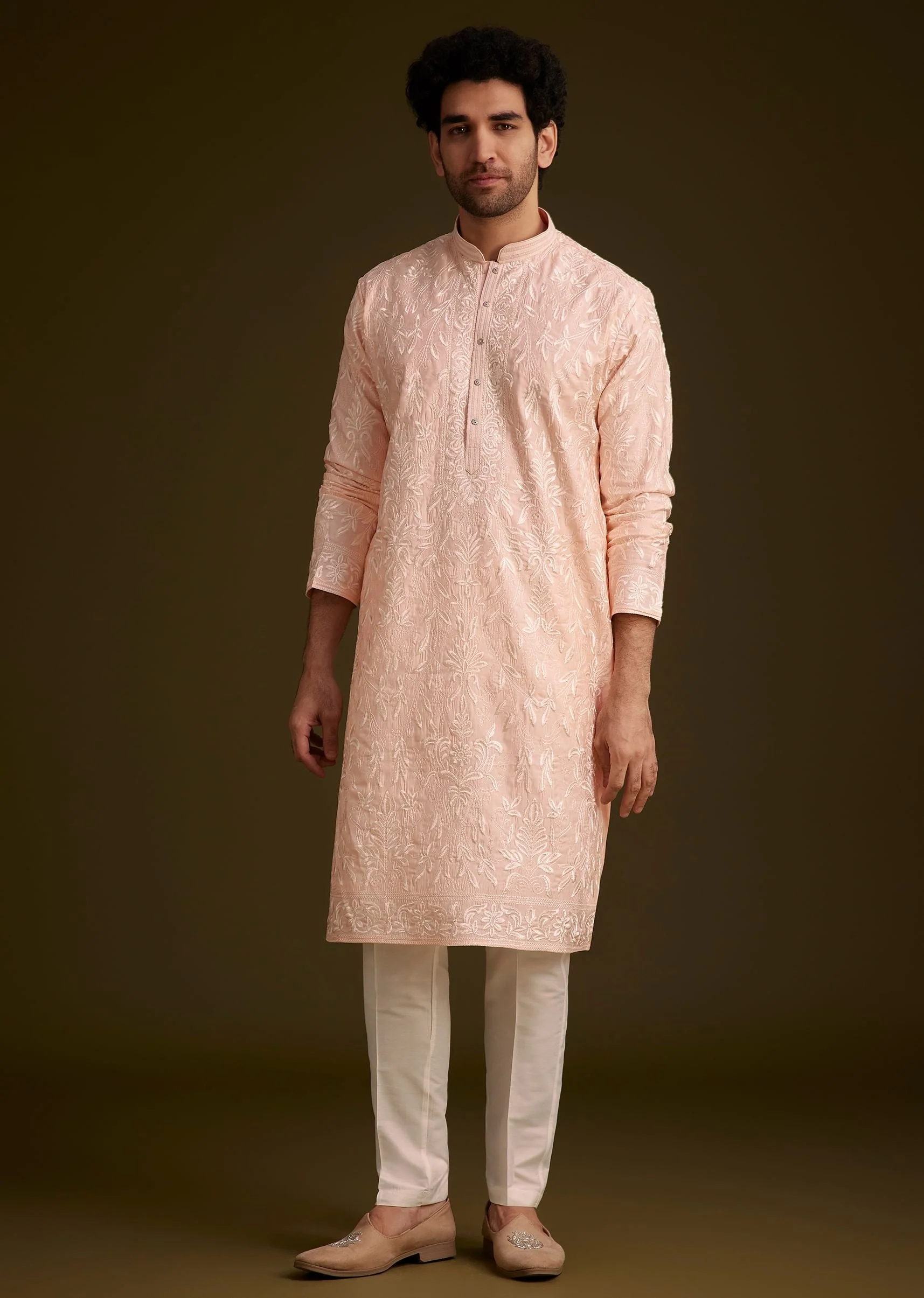 Peach Silk Embroidered Kurta Set - Image 2