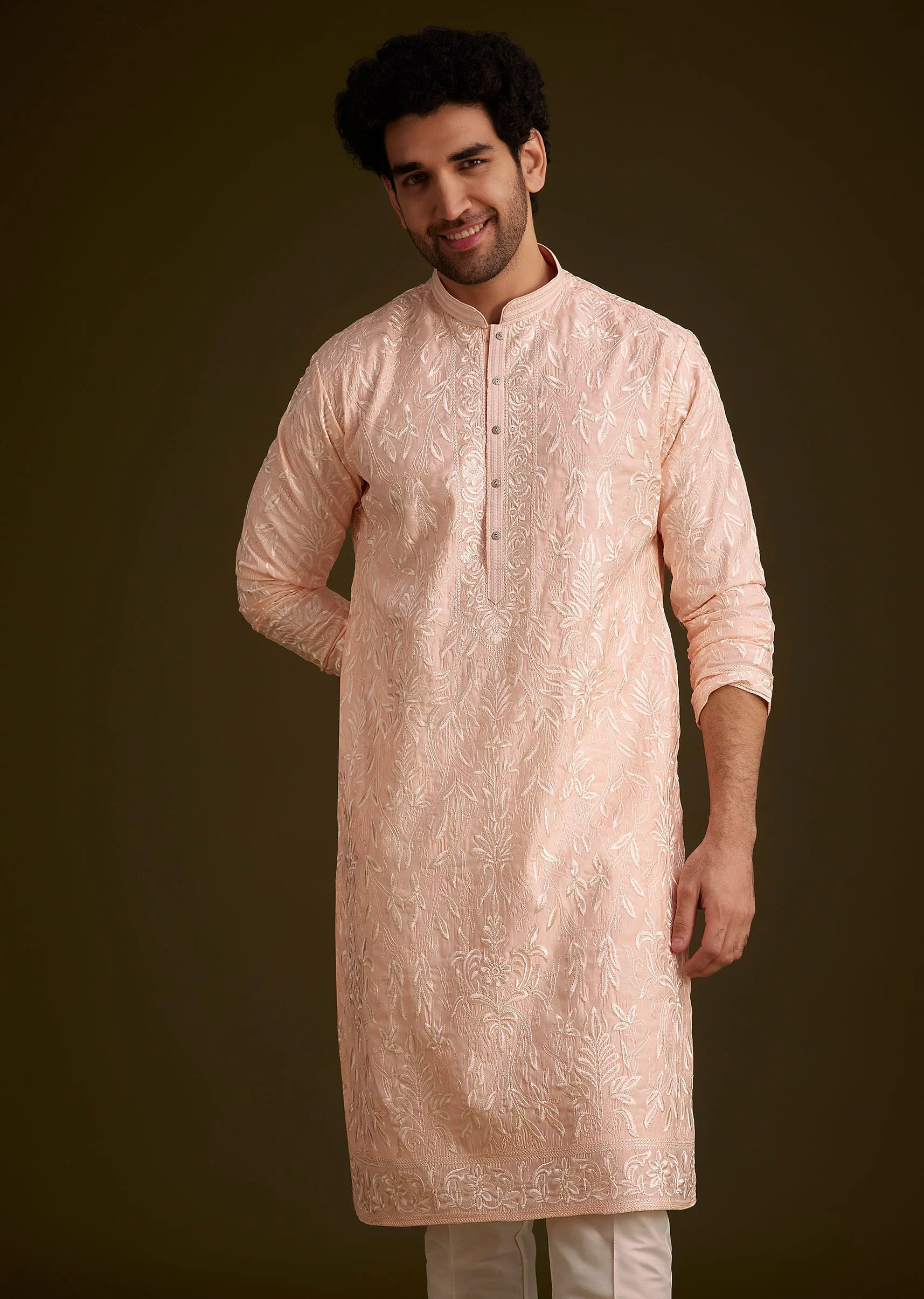 Peach Silk Embroidered Kurta Set - Image 3