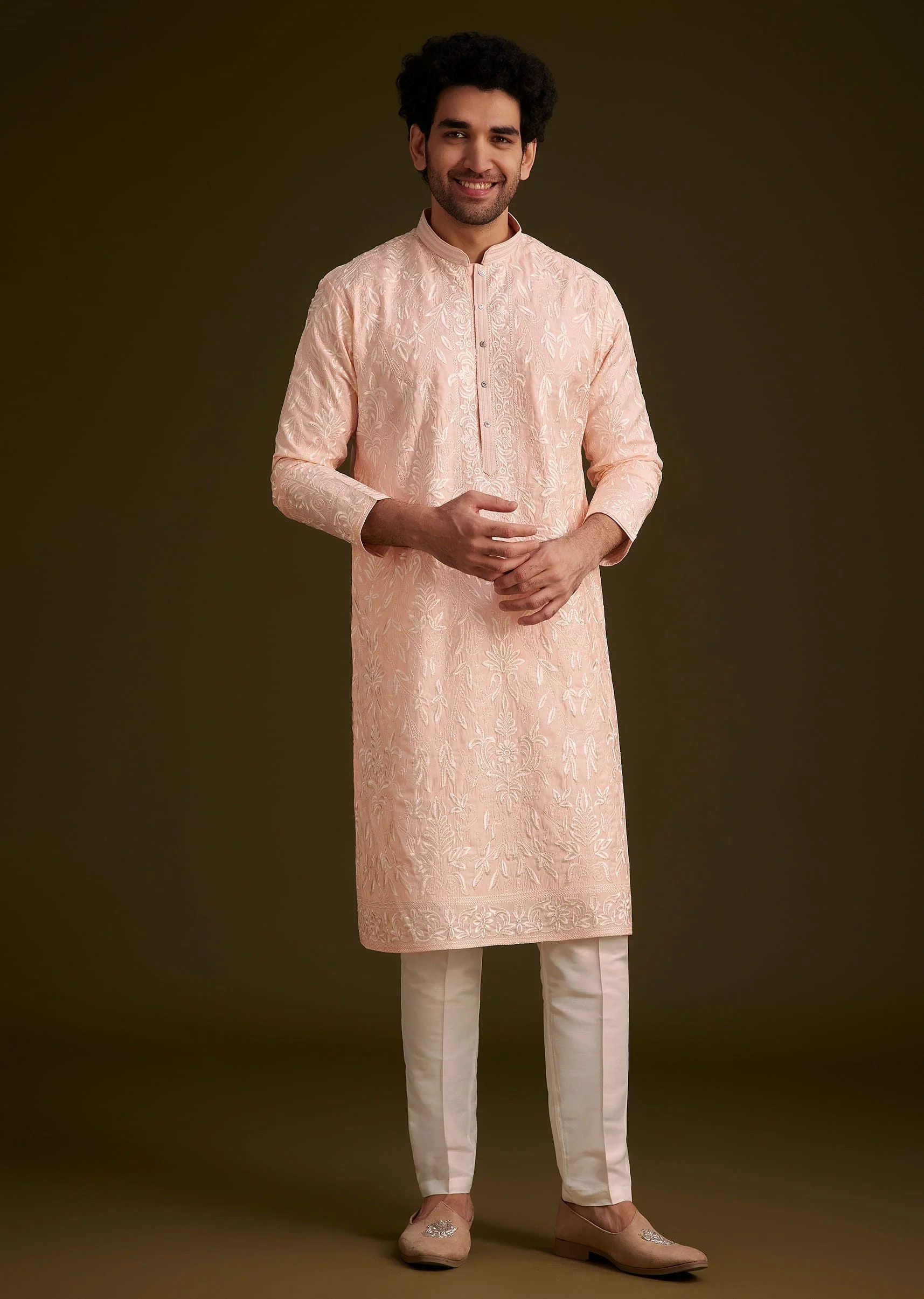 Peach Silk Embroidered Kurta Set - Image 4