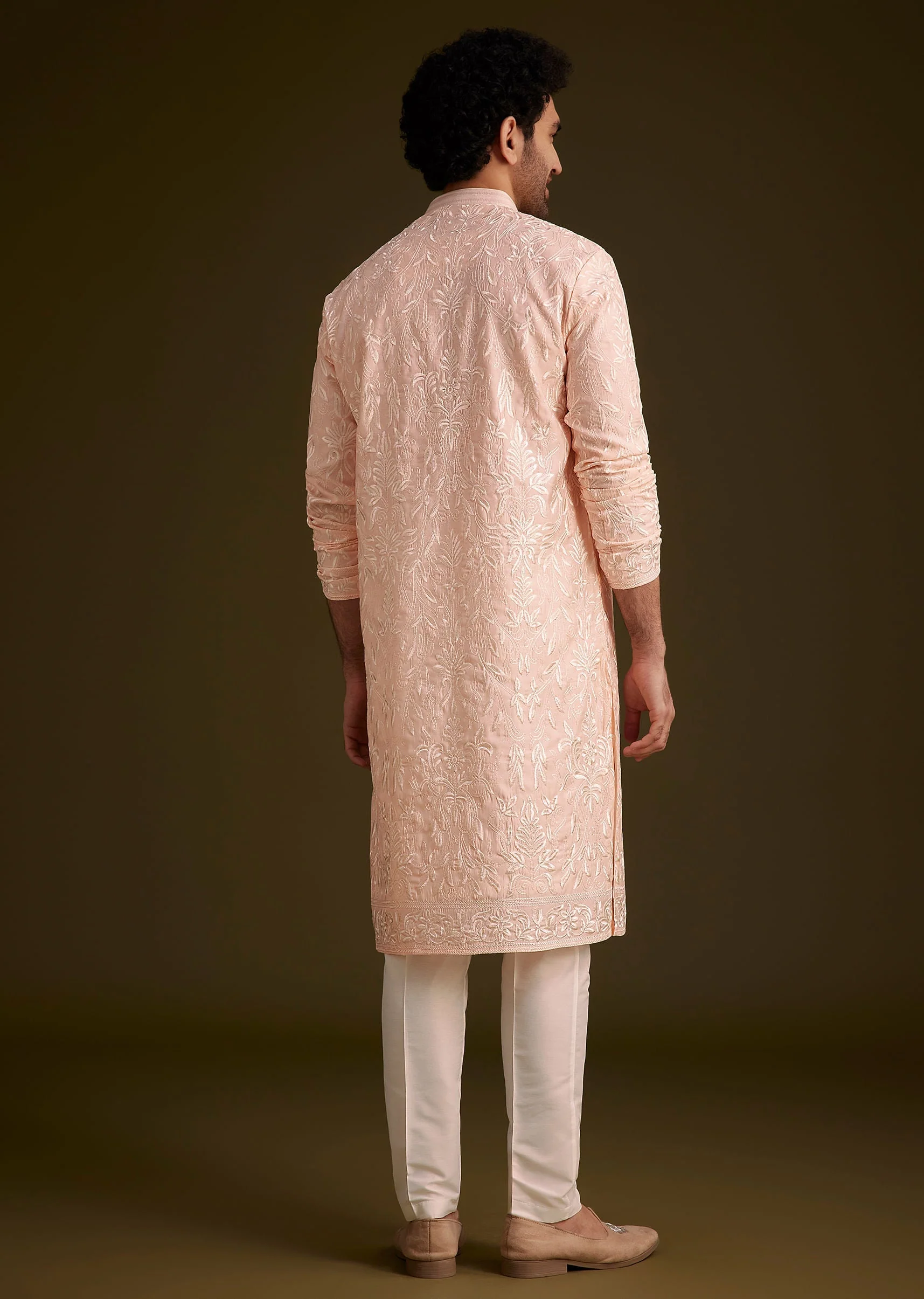 Peach Silk Embroidered Kurta Set - Image 5