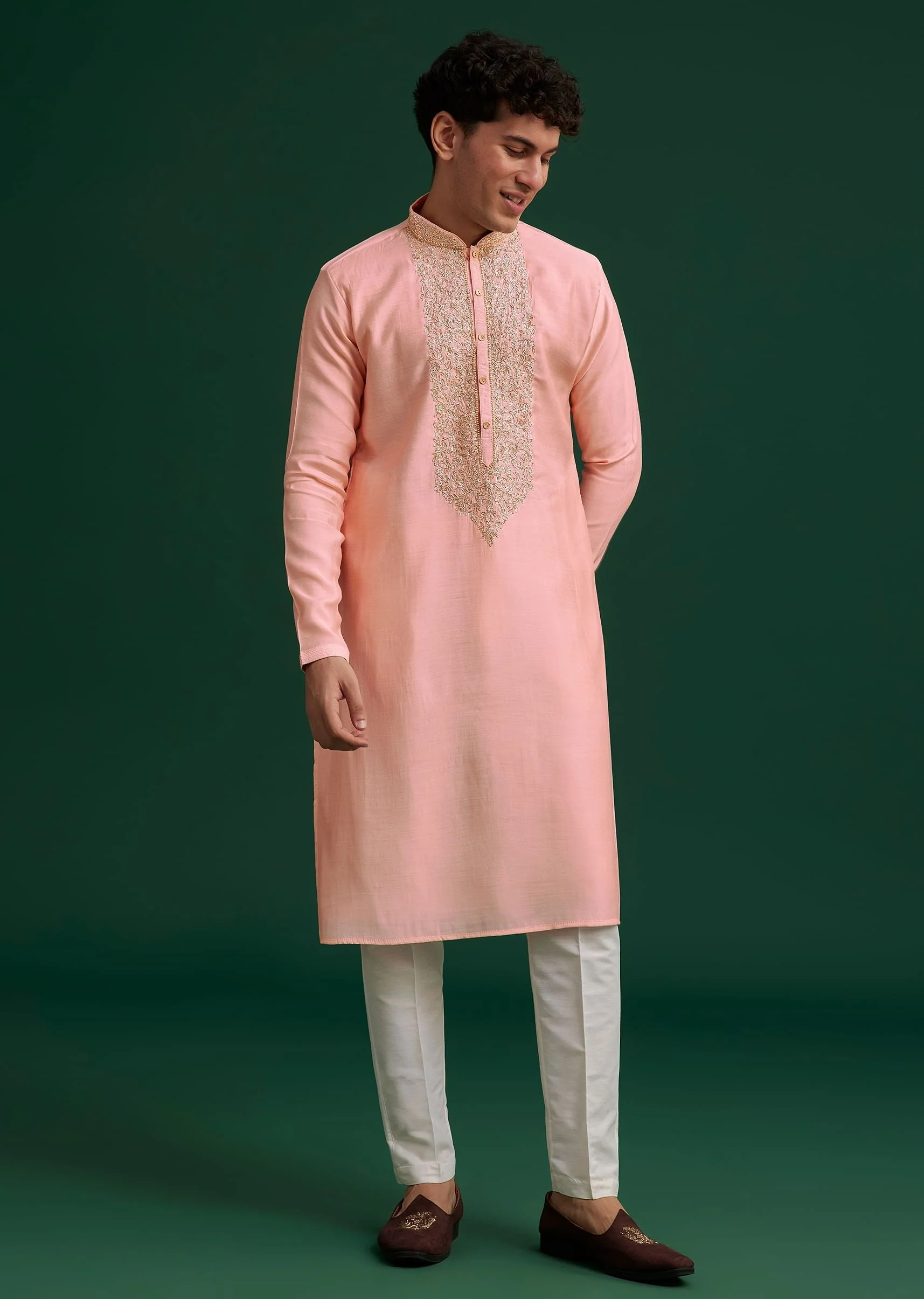 Peach Silk Hand Embroidered Yoke Kurta Set - Image 3
