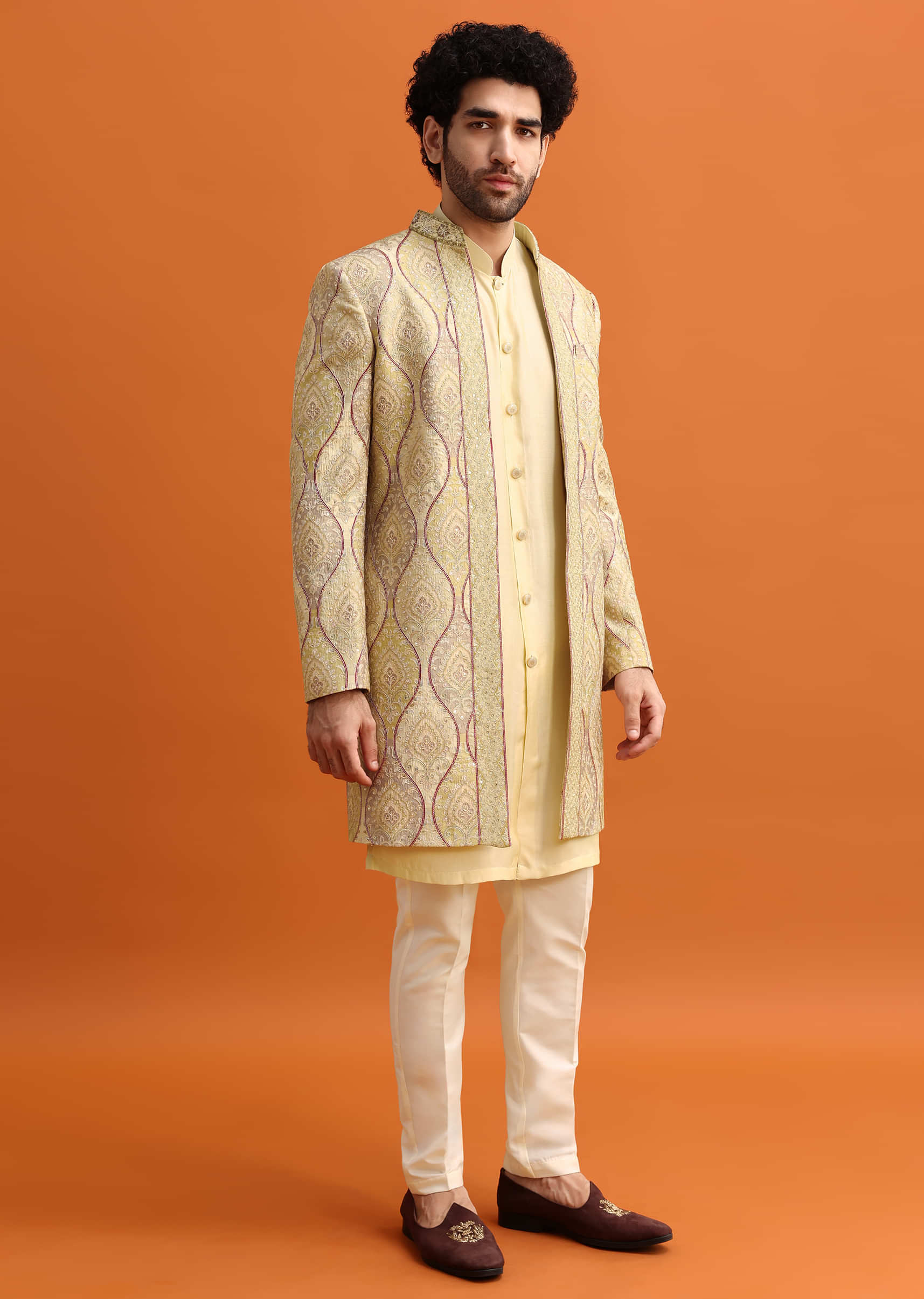 Peach Silk Indowestern Set With Hand Work For Men - Image 3