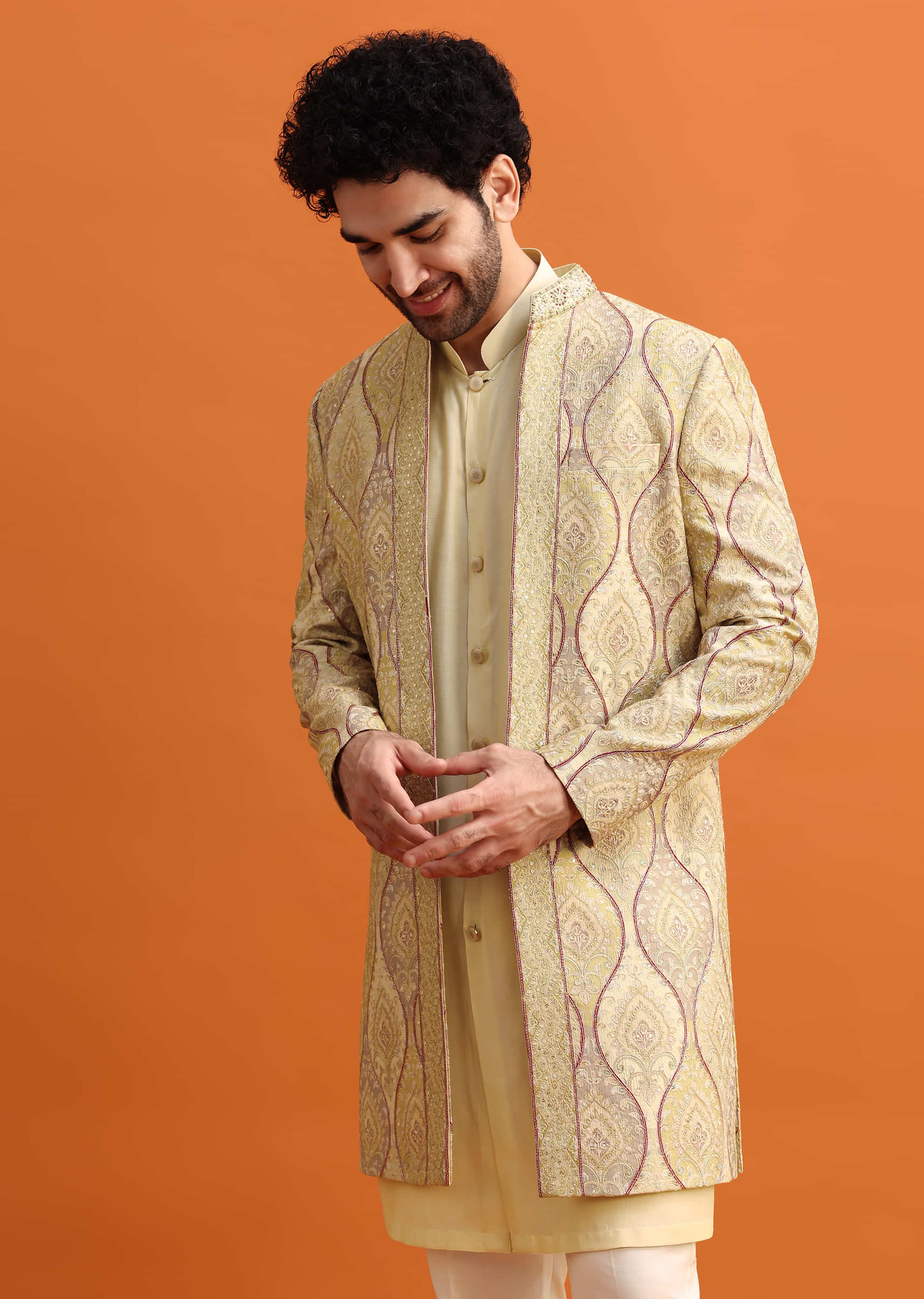 Peach Silk Indowestern Set With Hand Work For Men - Image 4