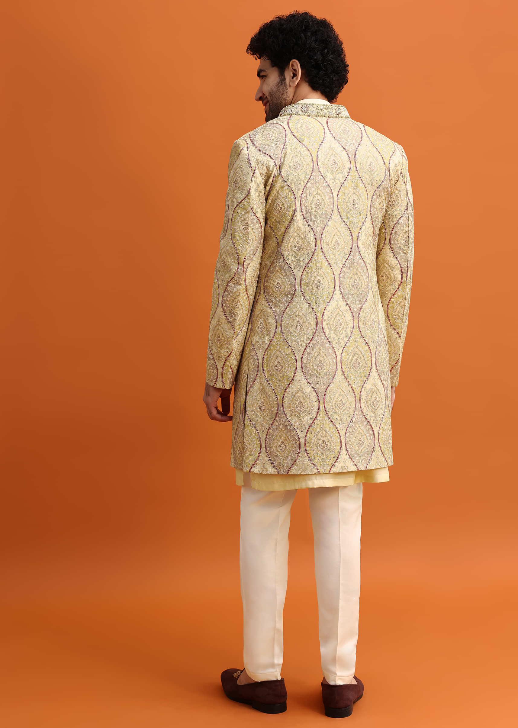 Peach Silk Indowestern Set With Hand Work For Men - Image 5