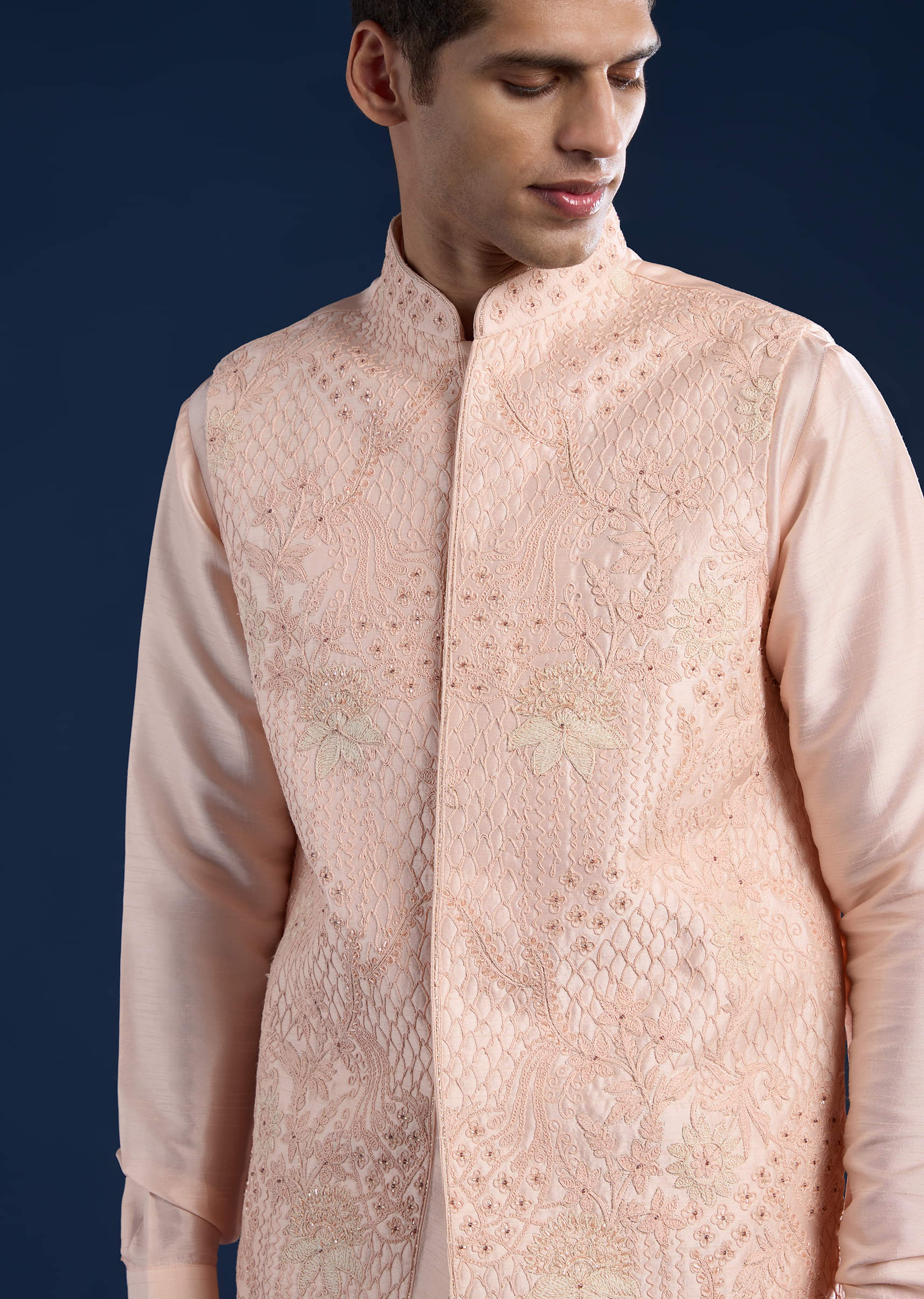 Peach Silk Jacket Kurta Set with Dori Work - Image 2