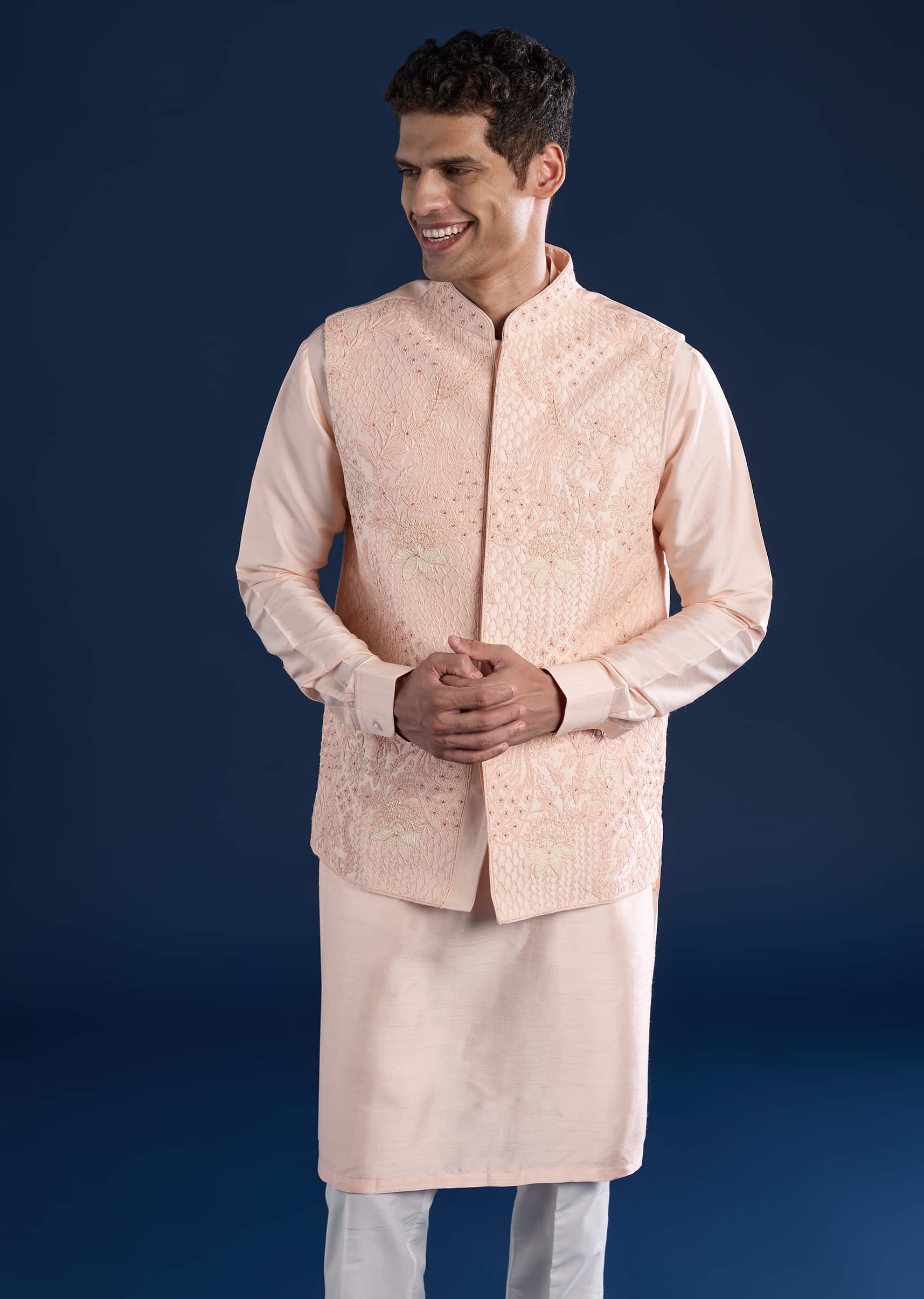 Peach Silk Jacket Kurta Set with Dori Work - Image 4