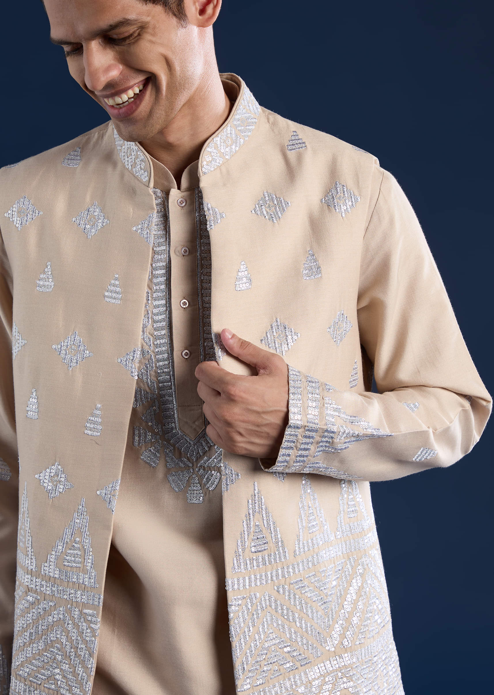 Peach Silk Jacket Kurta Set with Zari Work - Image 2