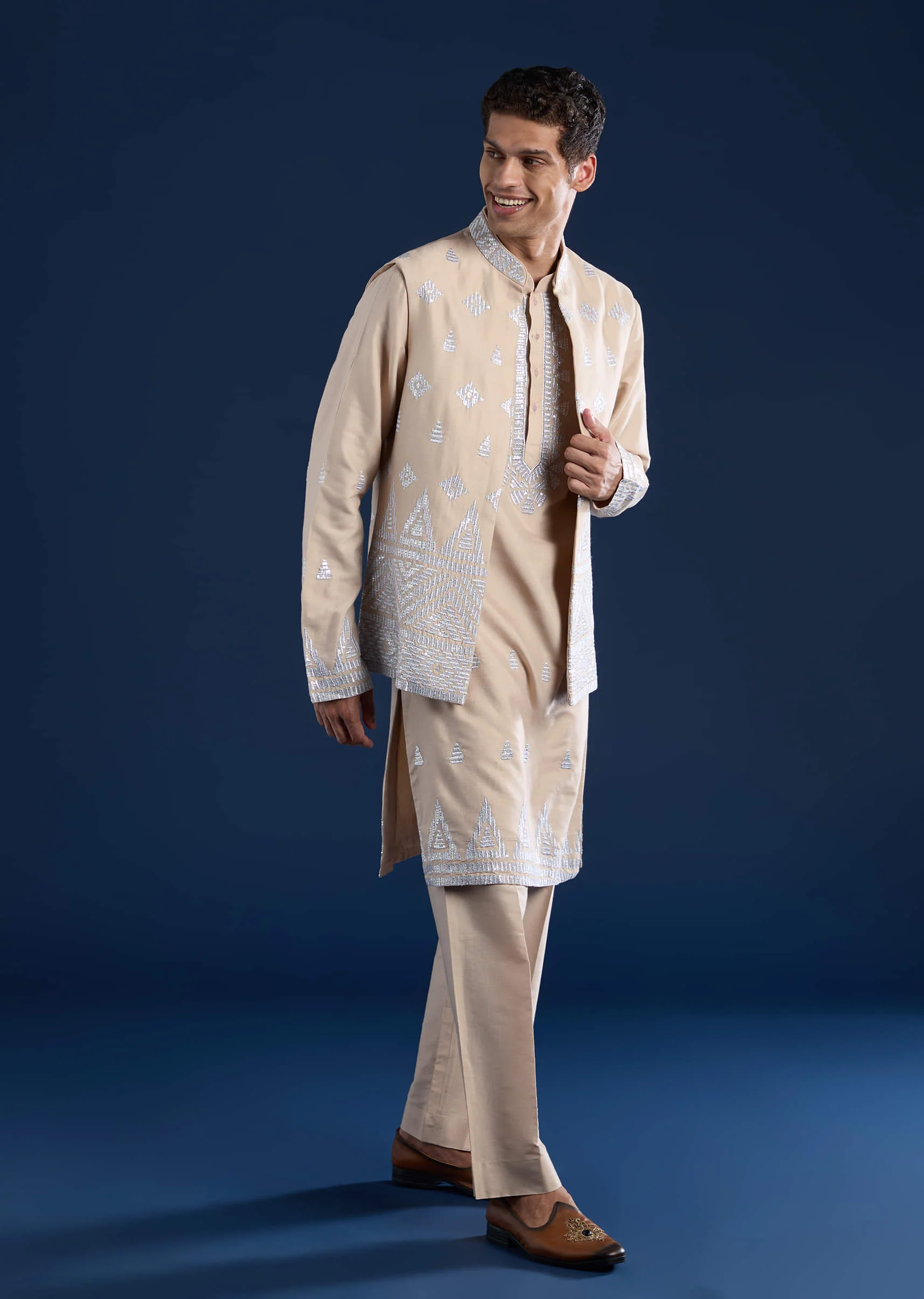 Peach Silk Jacket Kurta Set with Zari Work - Image 3