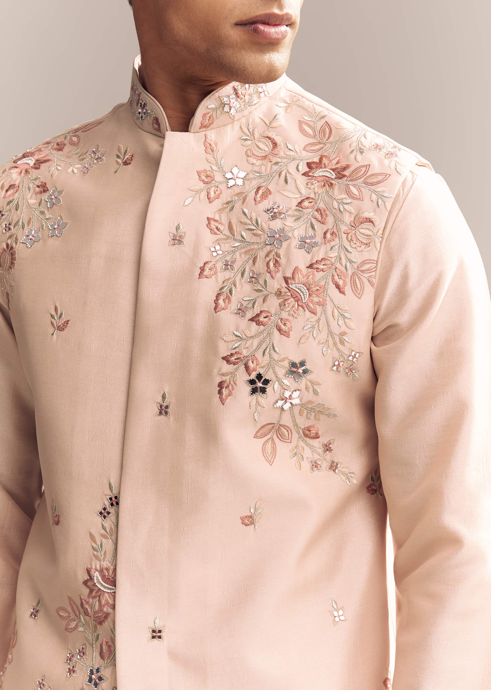 Peach Silk Kurta Jacket Set For Men With Heavy Embroidery - Image 2