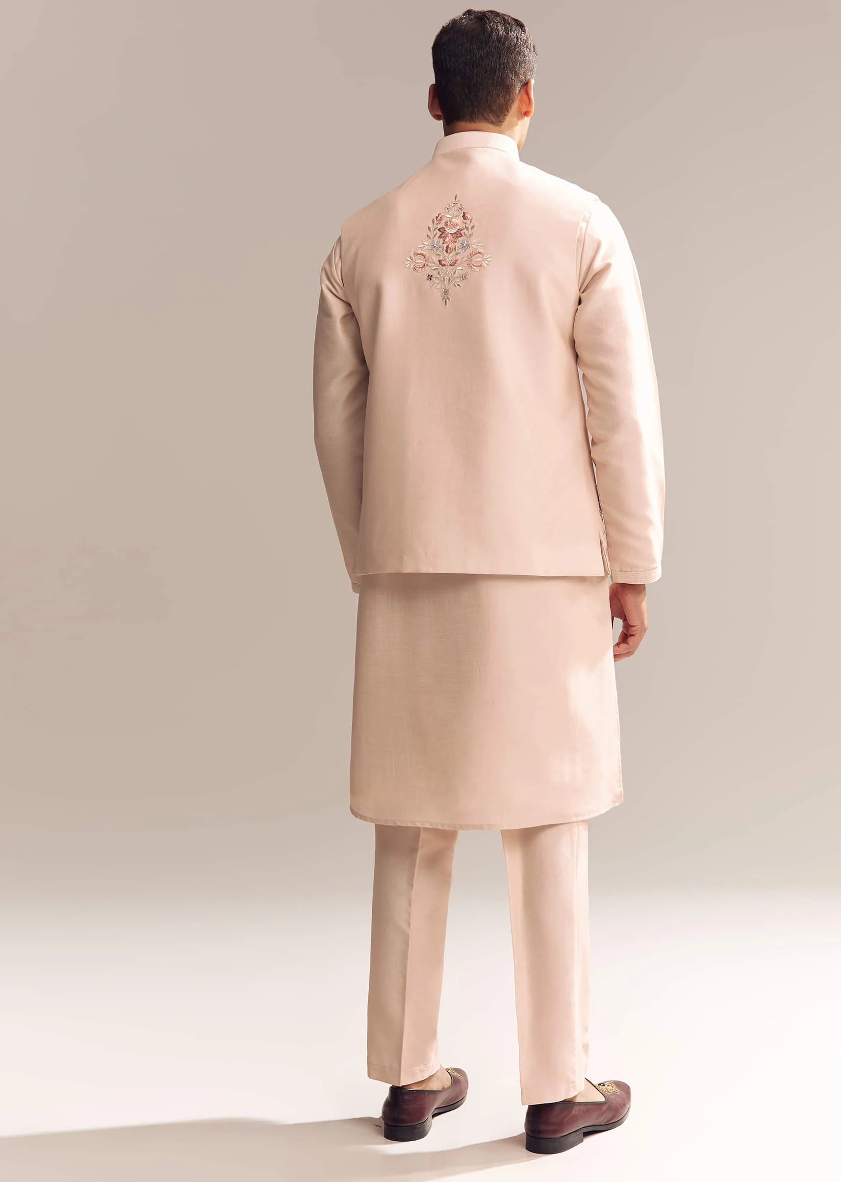 Peach Silk Kurta Jacket Set For Men With Heavy Embroidery - Image 5