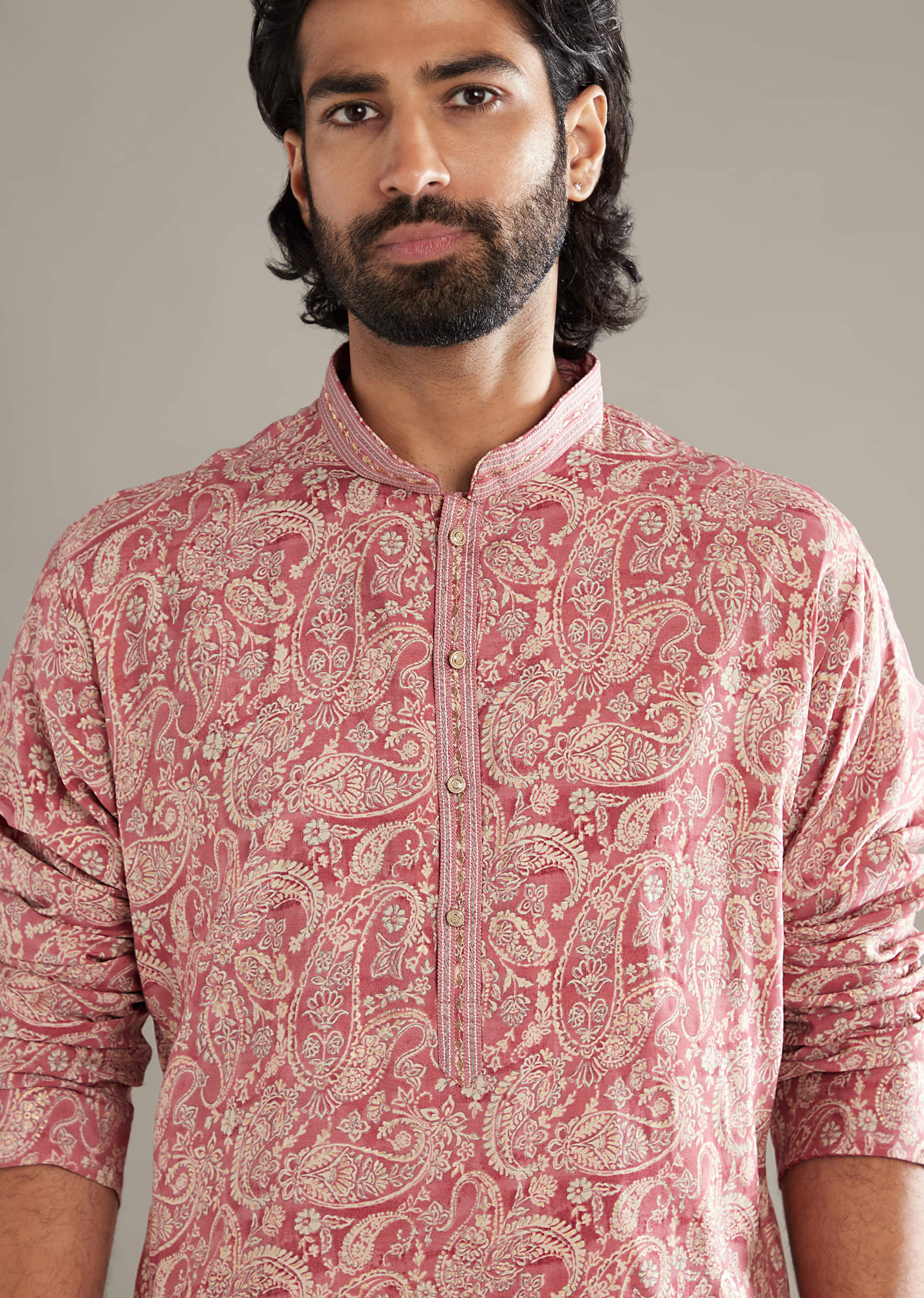 Peach Silk Kurta Set For Men With Paisley Print - Image 2