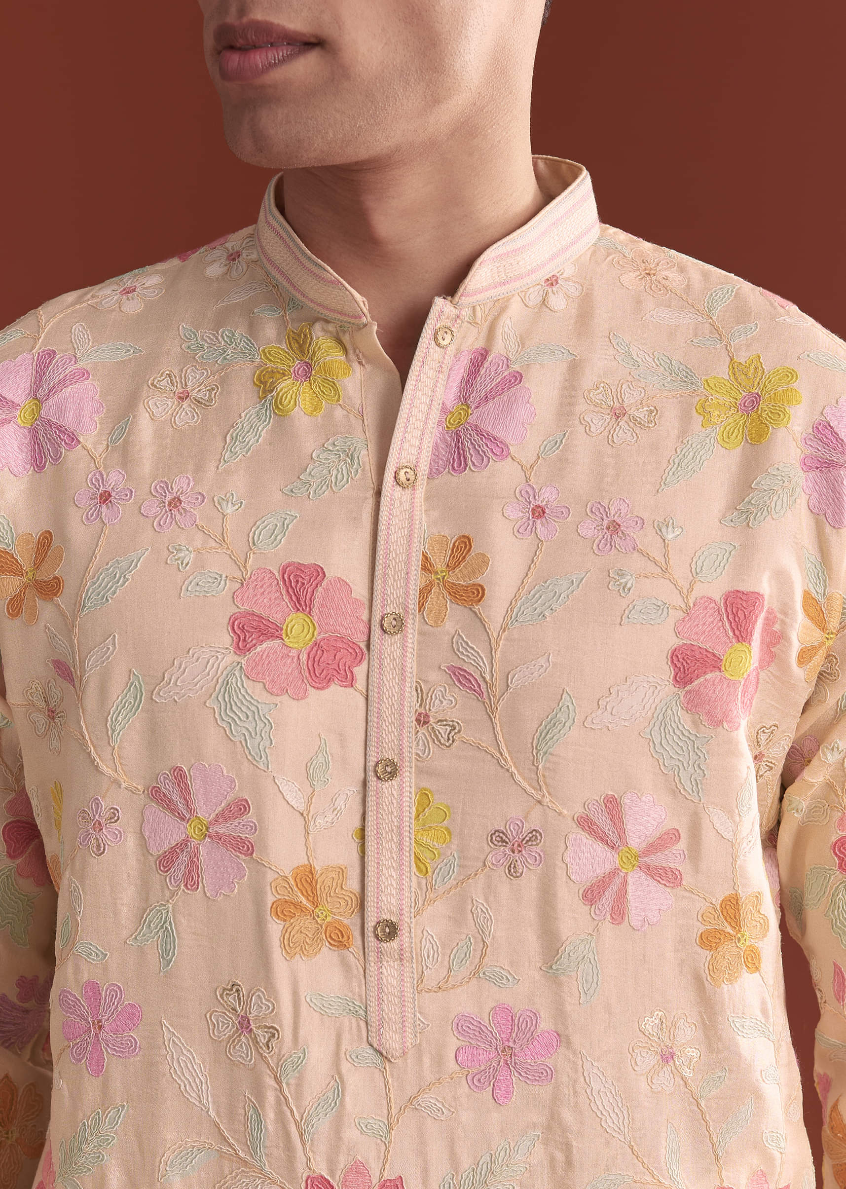 Peach Silk Kurta Set For Men With Thread Work - Image 2