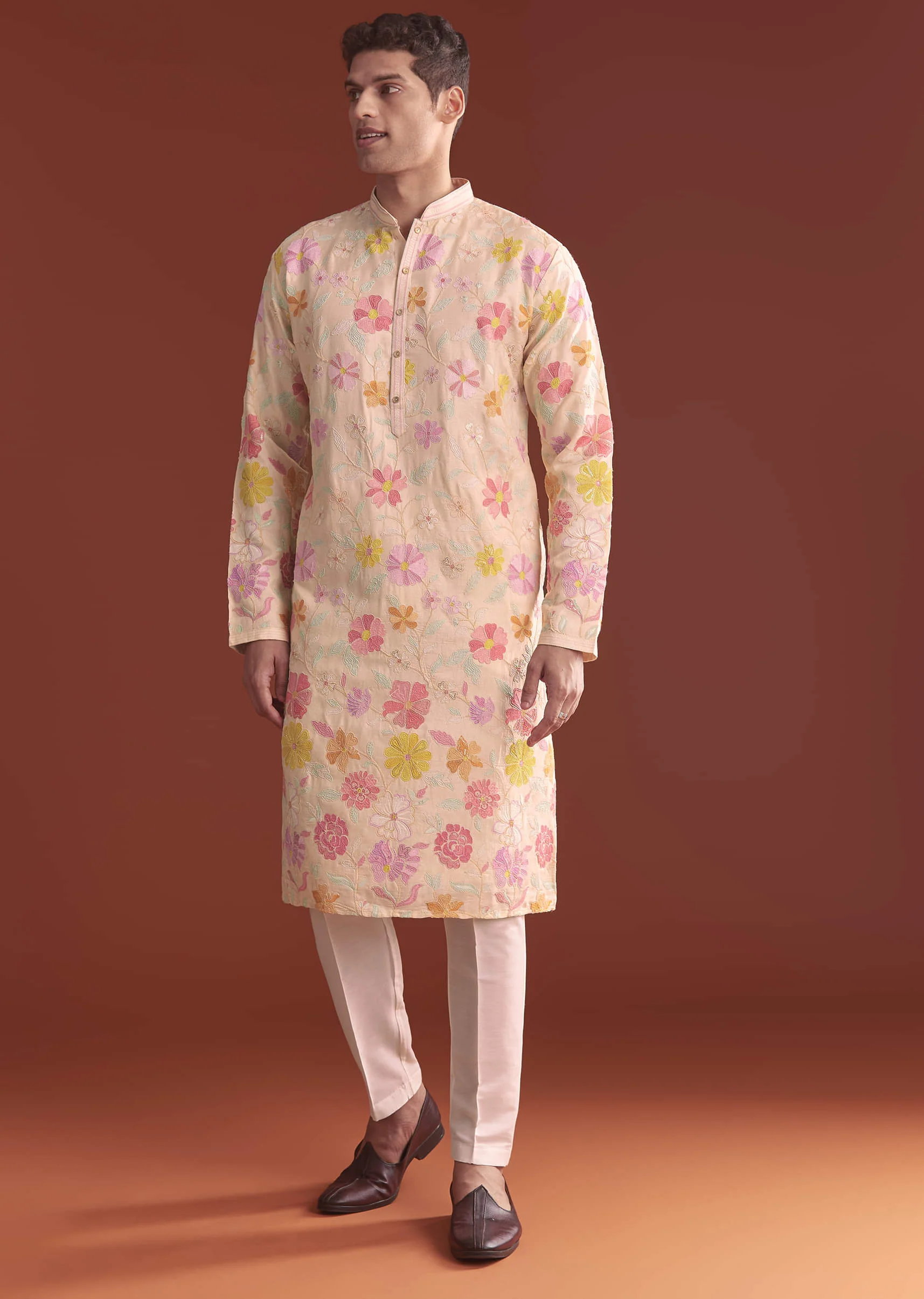 Peach Silk Kurta Set For Men With Thread Work - Image 3